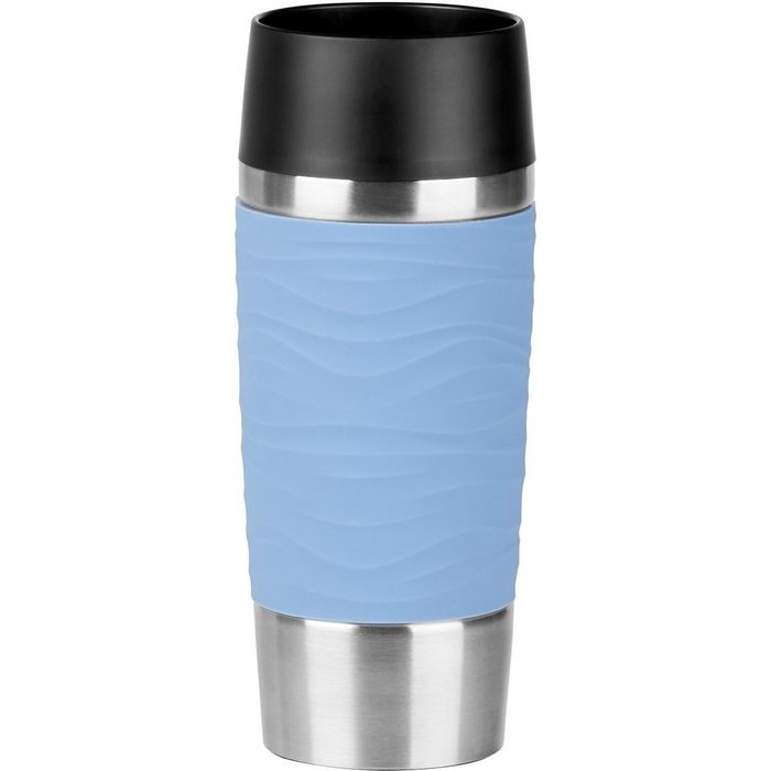 Emsa Thermobecher Travel Mug Wave Edelstahl Kunststoff Silikon hält Getränke bis zu 4 Stunden heiß oder 8 Stunden kalt AR11813