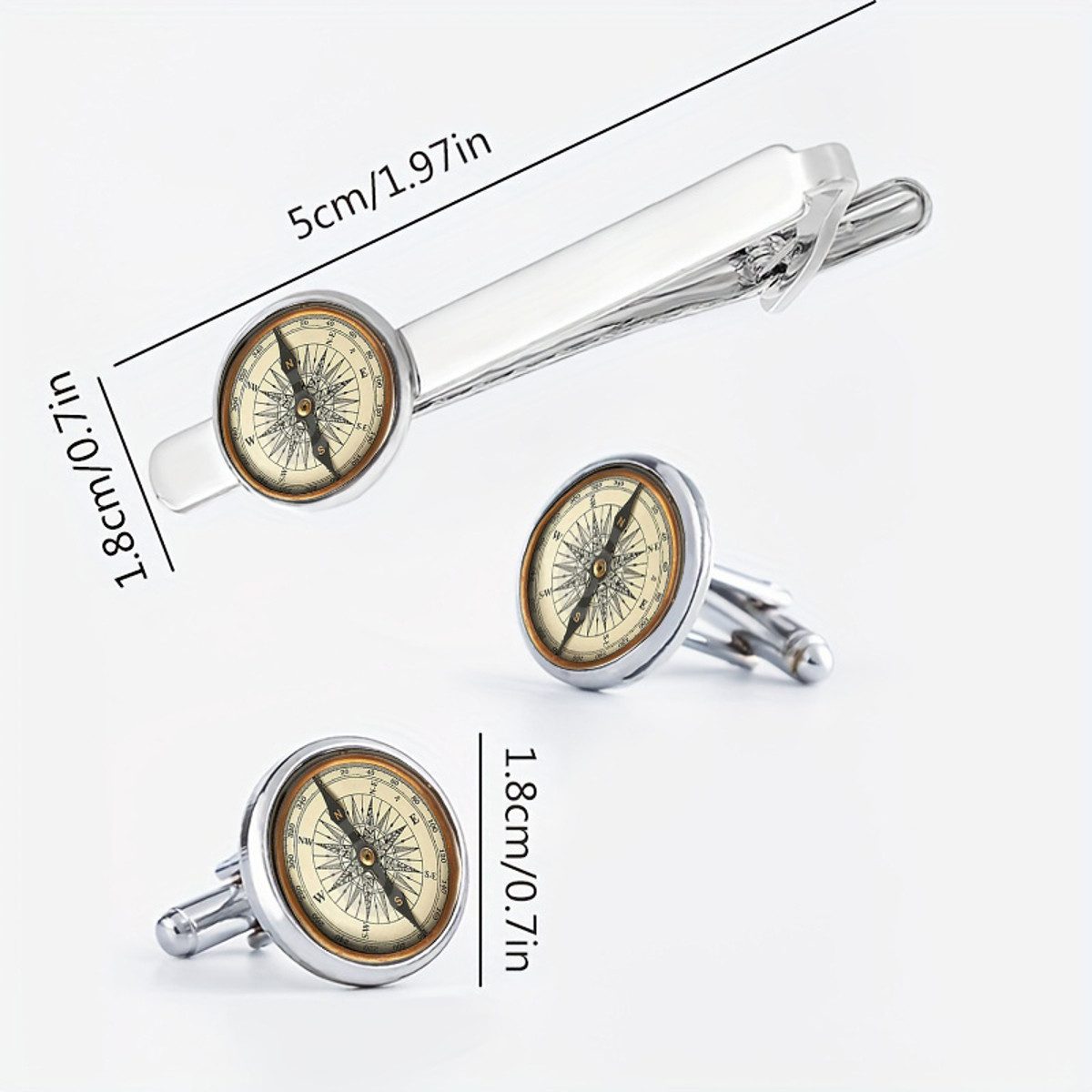 KARMA Manschettenknöpfe Set und Krawattennadel Set Herren Silber Kompass Design (Vintage Look mit runder Kompassoptik, Geschenkidee für Männer), Anzug Zubehör H – Bild 5 von 5