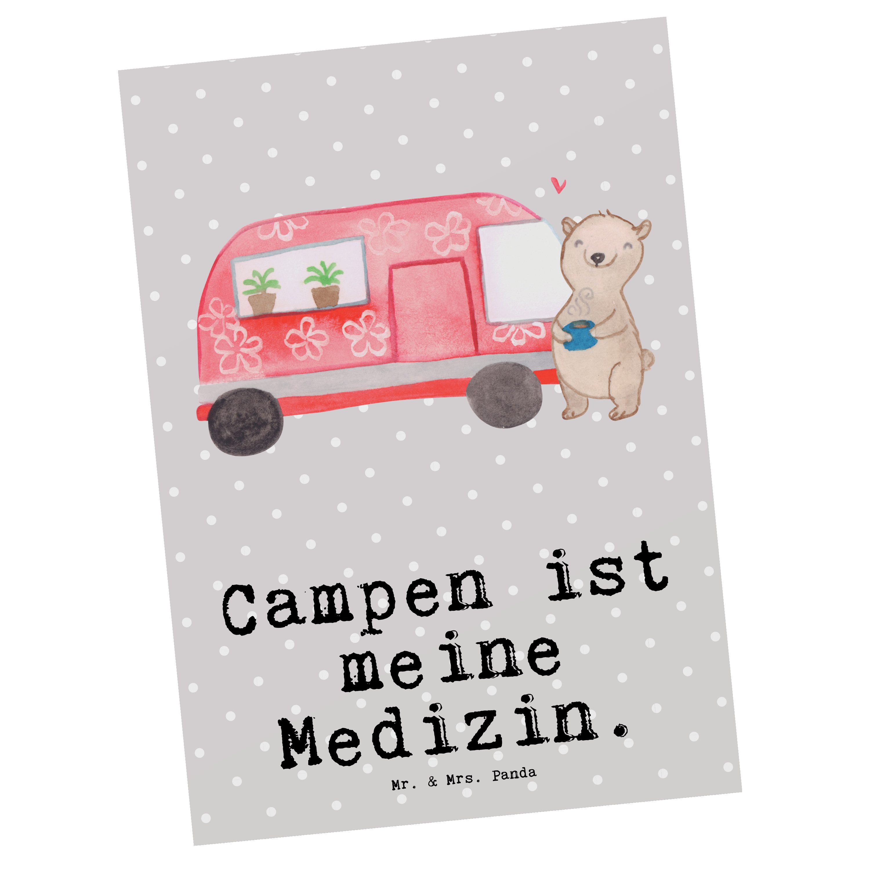 Mr. & Panda Ge Medizin Camper Geschenk, - Einladung, Roadtrip, Bär Mrs. - Pastell Grau Postkarte