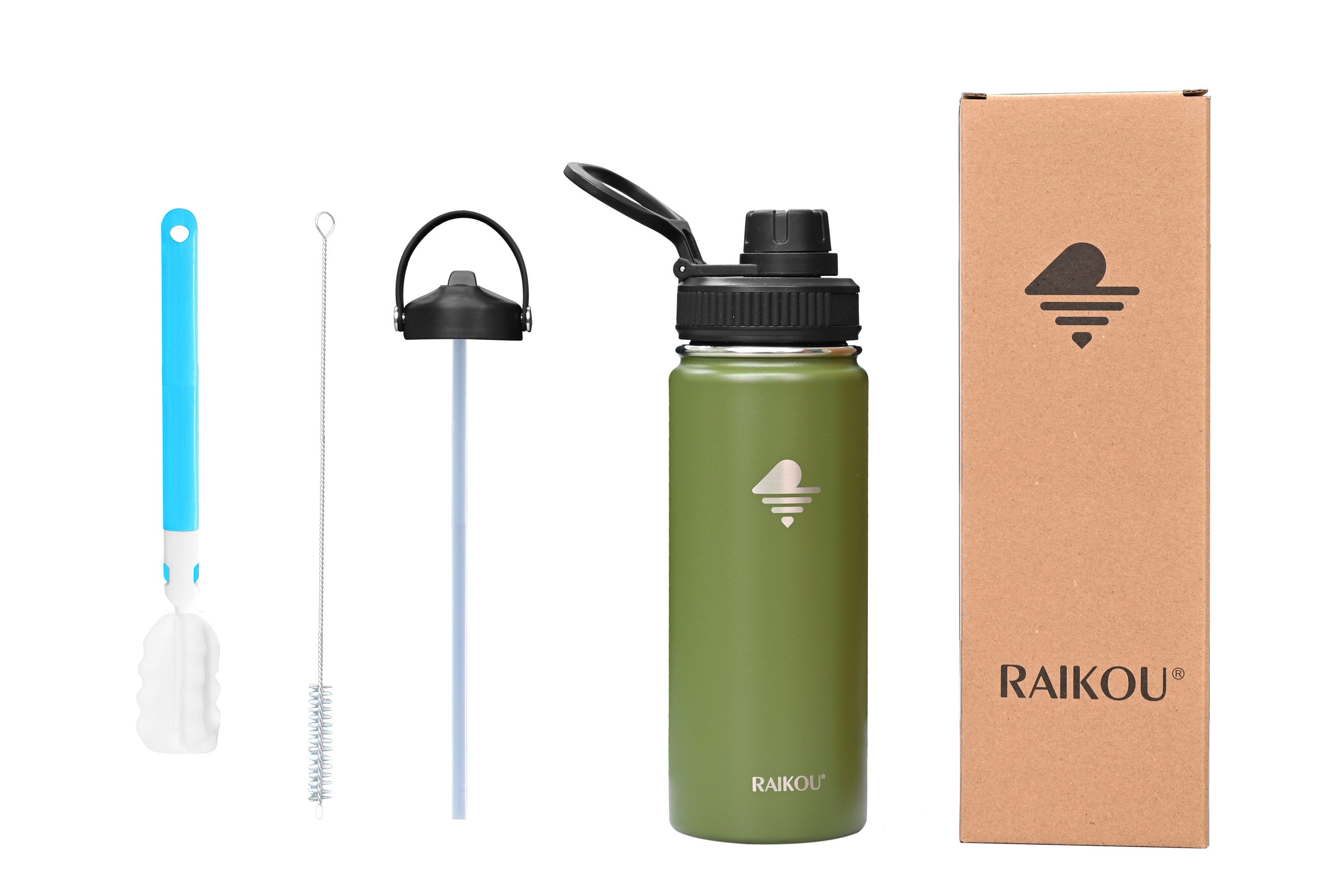 RAIKOU Isolierflasche Trinkflasche Vakuumisolierte Wasserflasche Auslaufsichere Sportflasche, mit 2 Deckel