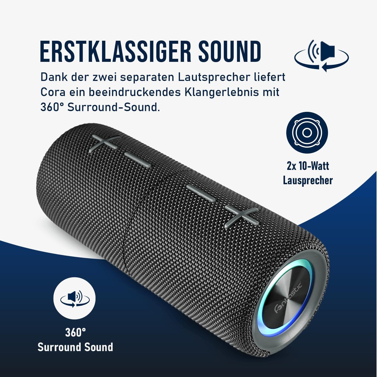 fontastic Cora Bluetooth Lautsprecher Box TWS Portable Speaker LED IPX5 Bluetooth-Lautsprecher (Hochauflösendes Klangbild)
