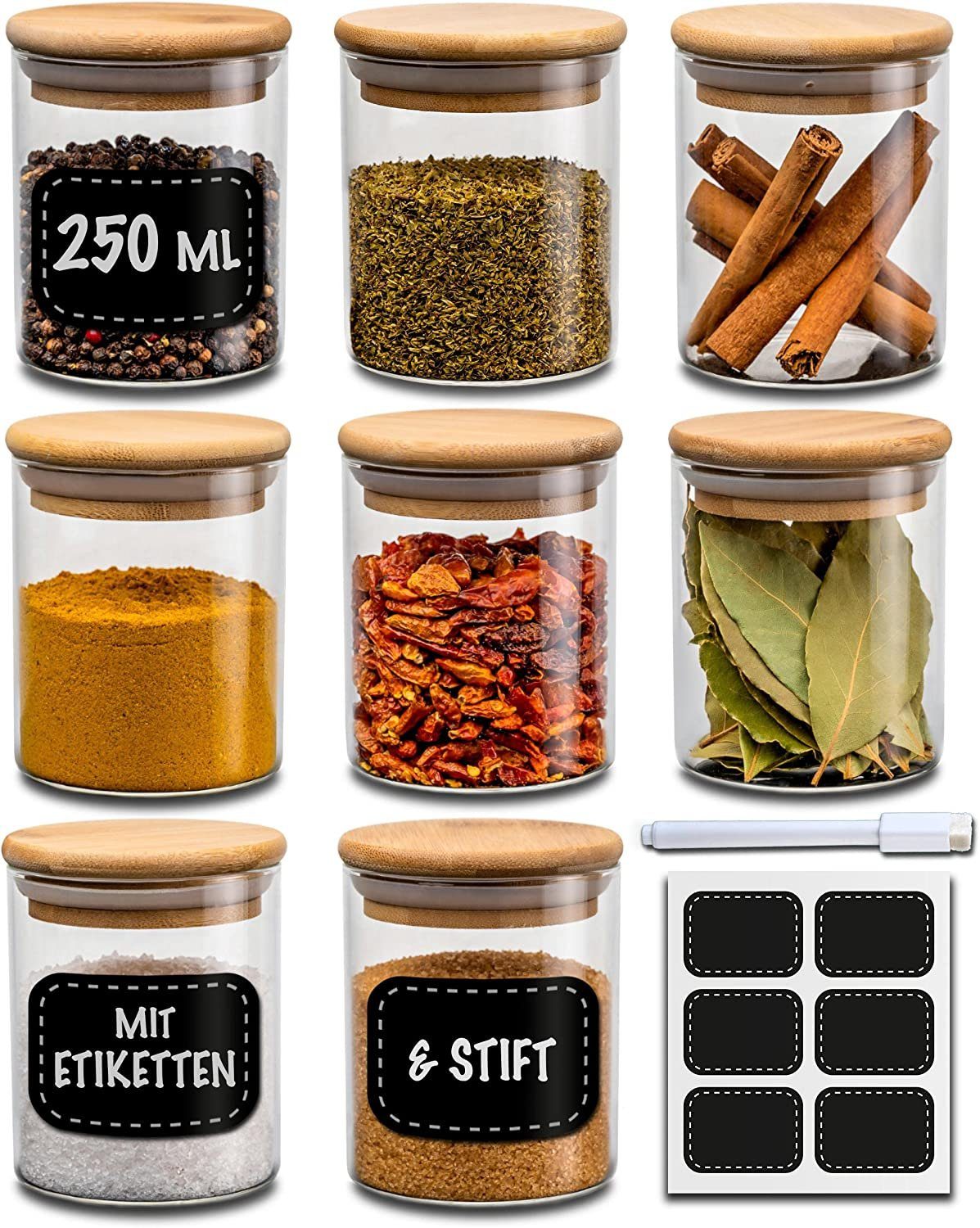 Praknu Vorratsglas Gewürzbehälter 8er Set 250ml mit Etiketten und Stift zum Beschriften, Glas, (Set, 8-tlg), mit 8 Etiketten - 250ml Groß - Luftdicht - Spülmaschinenfest