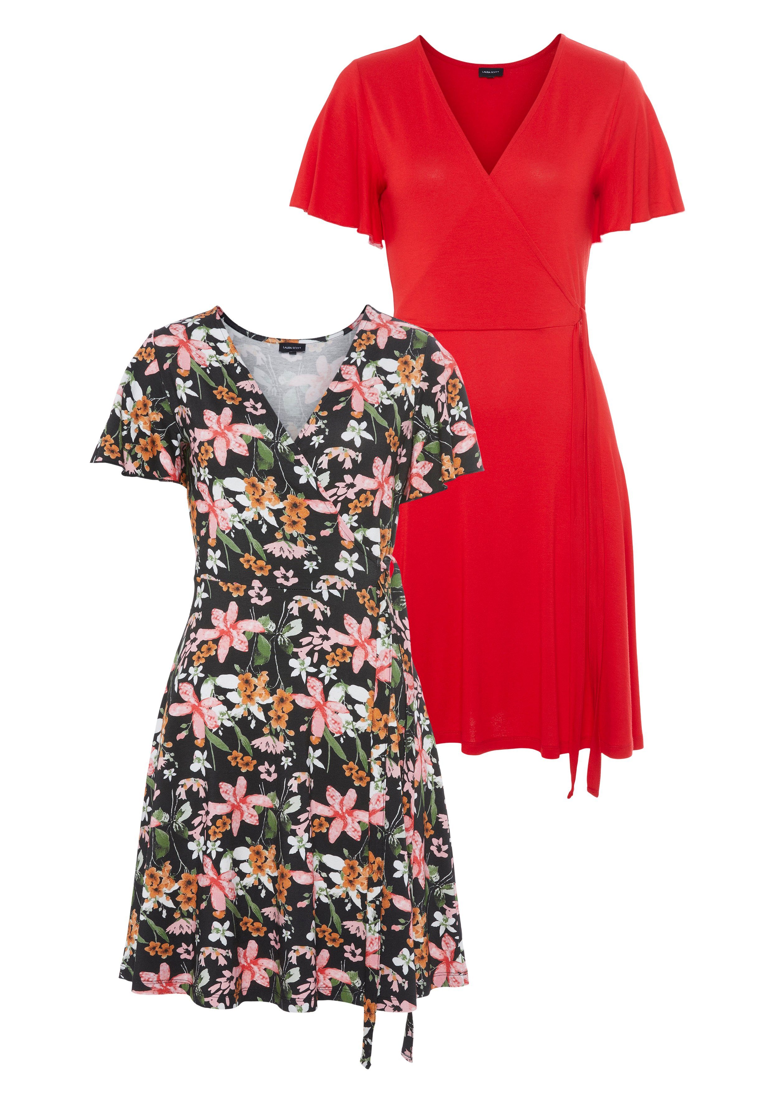 (2-tlg., NEUE und KOLLEKTION Laura - Set) schwarz-geblümt+rot Wickelkleid Scott Alloverprint Einfarbig