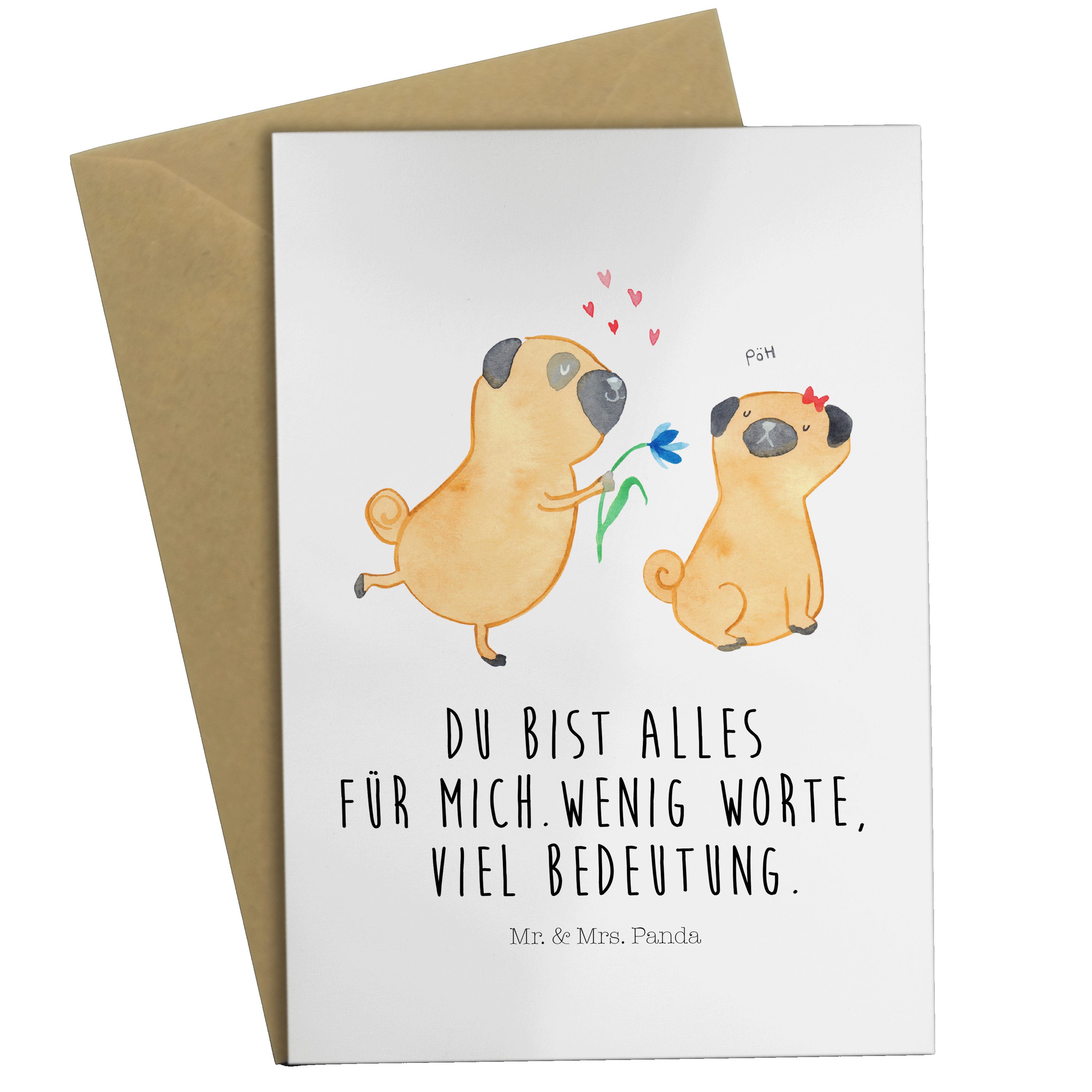 Mr. & Mrs. Panda Grußkarte Mops verliebt - Weiß - Geschenk, Geburtstagskarte, Klappkarte, Hunder