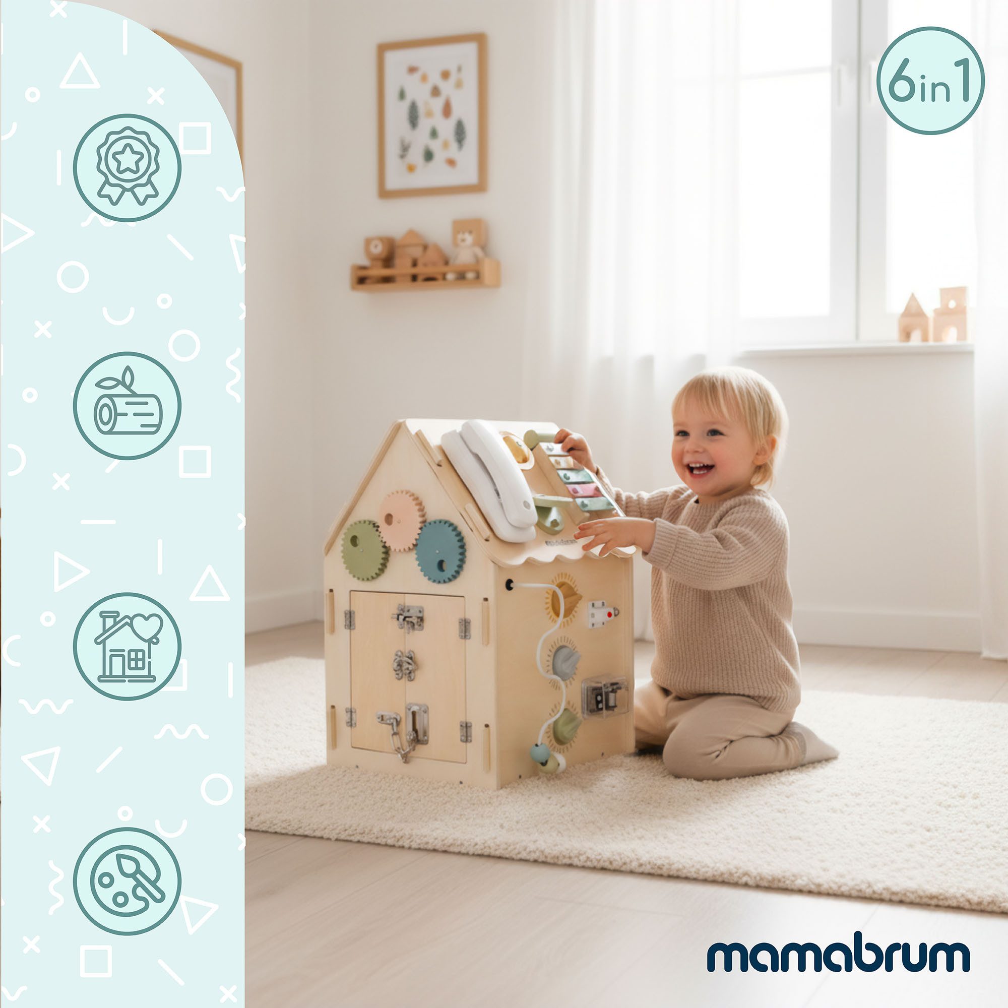 Mamabrum Lernspielzeug Mamabrum Montessori Aktivitätshaus 6in1 Busy Board