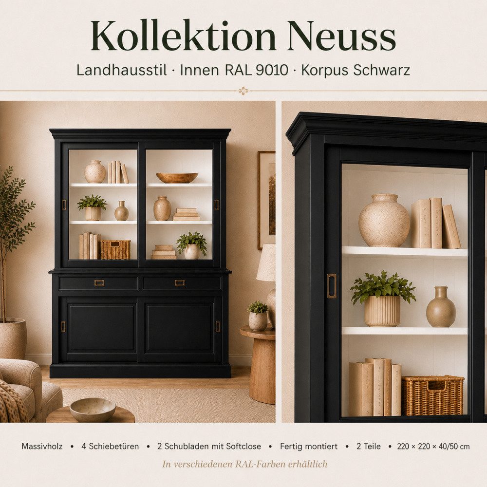 Wohnpalast Vitrine Landhaus Vitrinenschrank Neuss 220 cm Schwarz -Weiß Buffetschrank