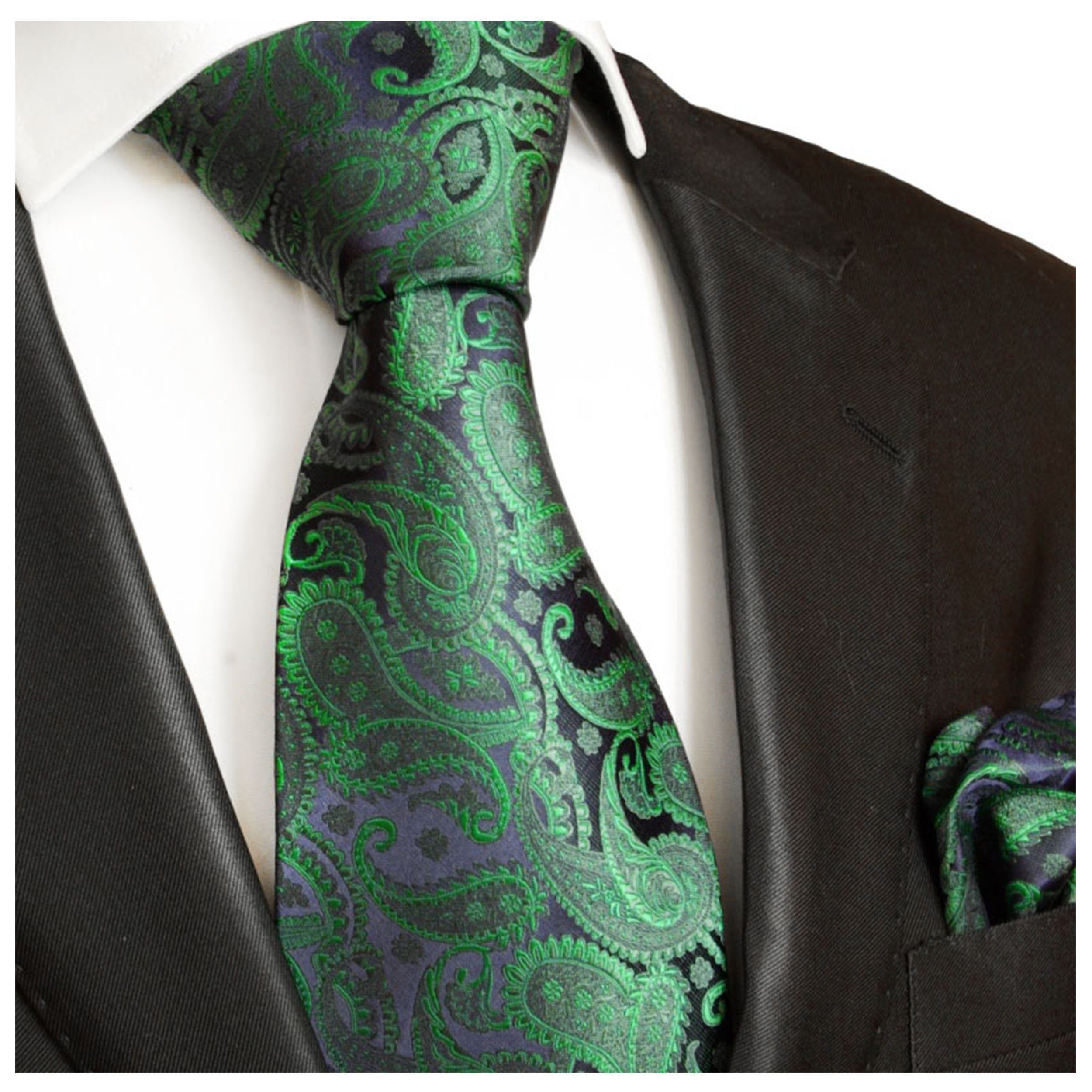 Paul Malone Krawatte Herren Seidenkrawatte mit Tuch modern paisley brokat 100% Seide (Set, 2-St., Krawatte mit Einstecktuch) Breit (8cm), smaragd grün 510