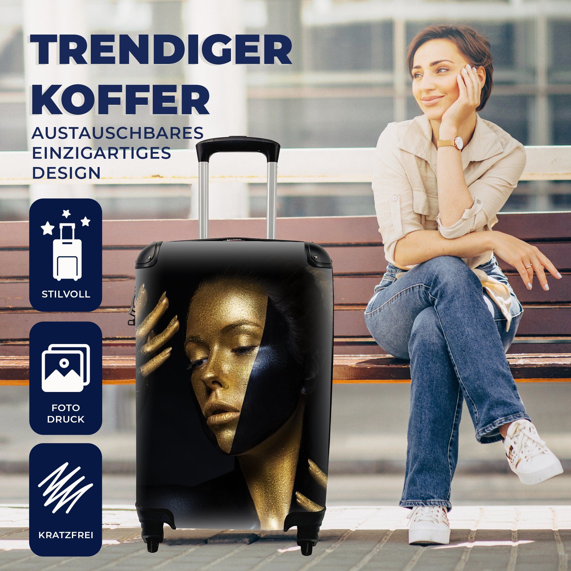 rollen, - Handgepäck Trolley, - - Rollen, mit Kunst Luxus Reisetasche Ferien, für 4 Frau MuchoWow Reisekoffer Make-up Gold, Handgepäckkoffer -