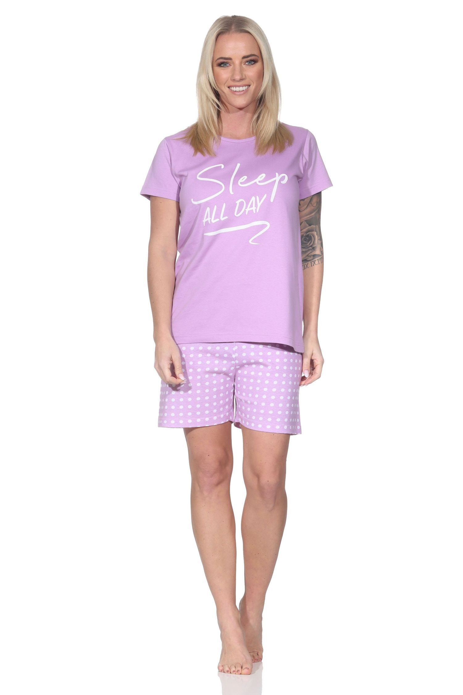 Normann Pyjama Normann Damen Schlafanzug Shorty kurzarm mit gepunkteter Pyjamahose