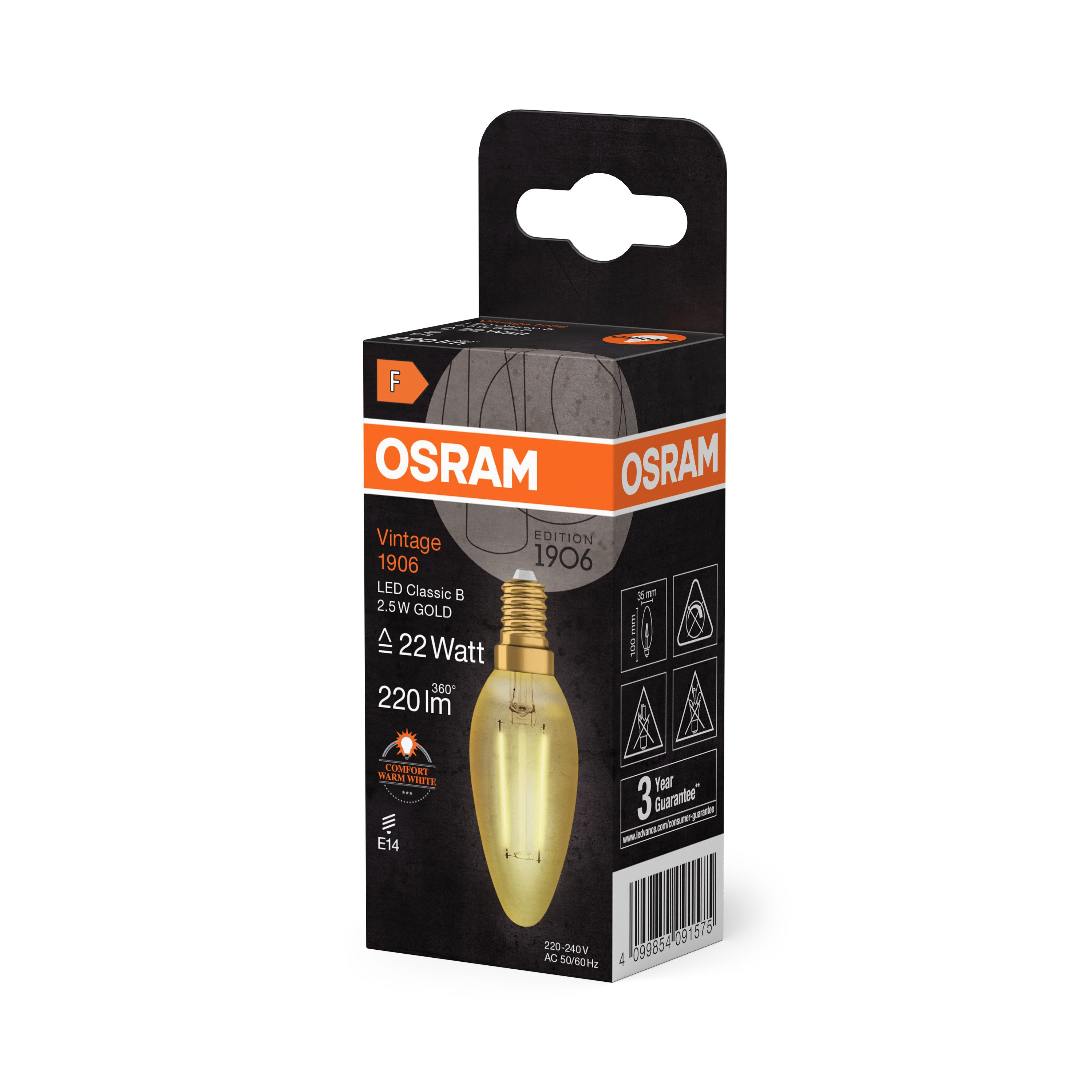 Ledvance LED-Leuchtmittel Vintage 1906 Classic B 22 Filament 2.5W 824 Gold E14, E14, 1 St., Warm Comfort Light, Einfacher Austausch von Standardglühlampen
