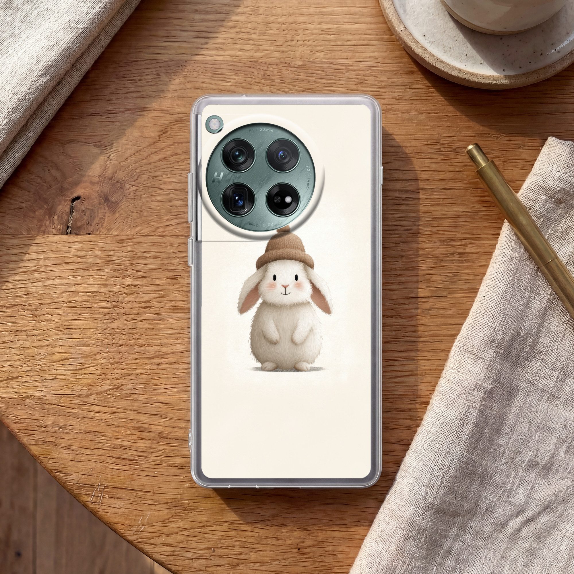 MuchoWow Handyhülle für OnePlus 12 Kaninchen - Hut - Ohren - Beige, Handy Case, Silikon, Bumper Case Dünn