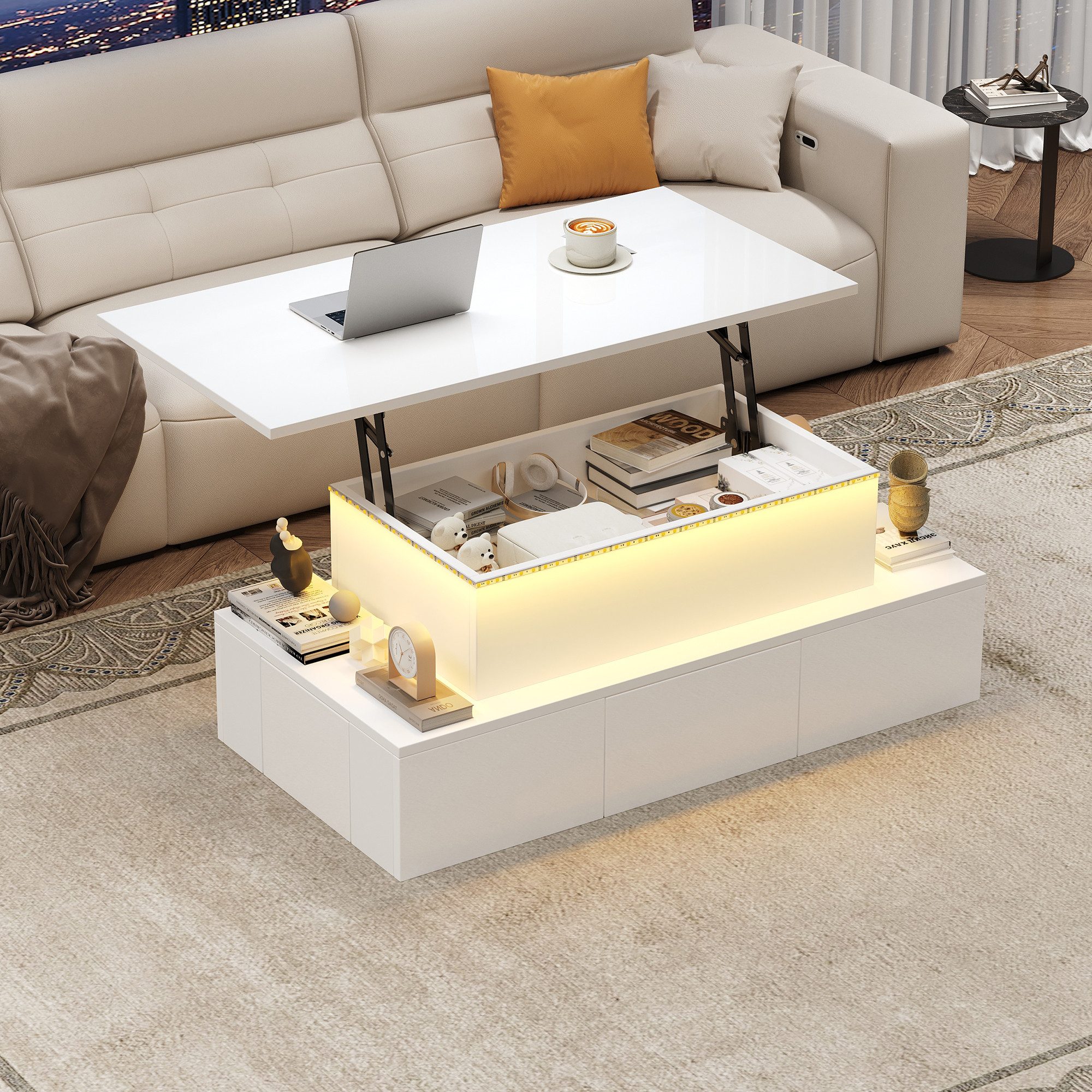 OKWISH Couchtisch anhebbarer Kaffeetisch mit verstecktem Stauraum (Packung, 1-St., Wohnzimmertisch, Sofatisch mit 4 Schublade), Hochglanz-Beistelltisch mit LED