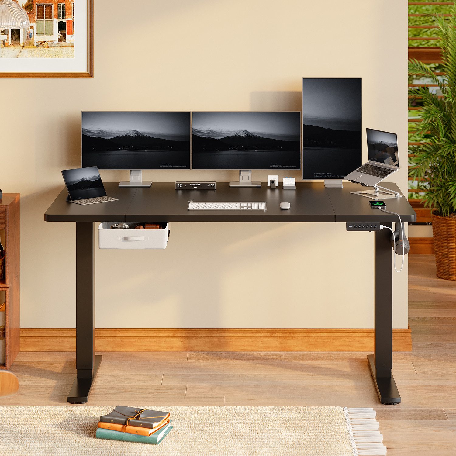 HOMALL Schreibtisch mit Memory-Funktion, höhenverstellbar, breitere Tischplatten (Tischbreite 140/160/180*80 cm, mit Schublade, ausgestattet mit USB-Ladeanschluss, bestehend aus vier Platten)