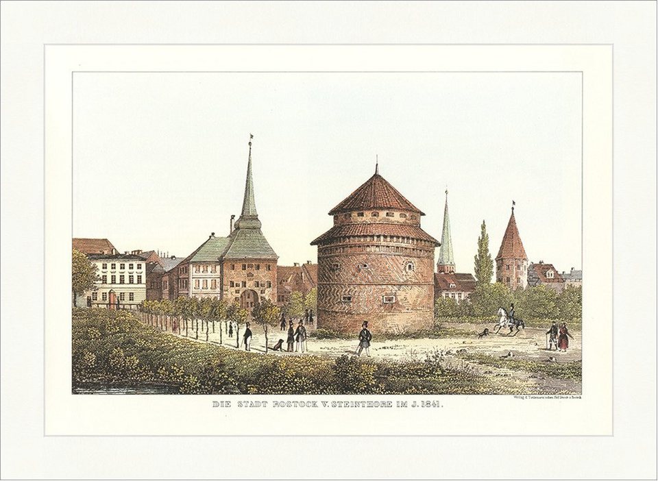 Kunstdruck Stadt Rostock v. Steinthore im Jahr 1841 Rosengarten Turm Altes  Deutsc, (1 St)