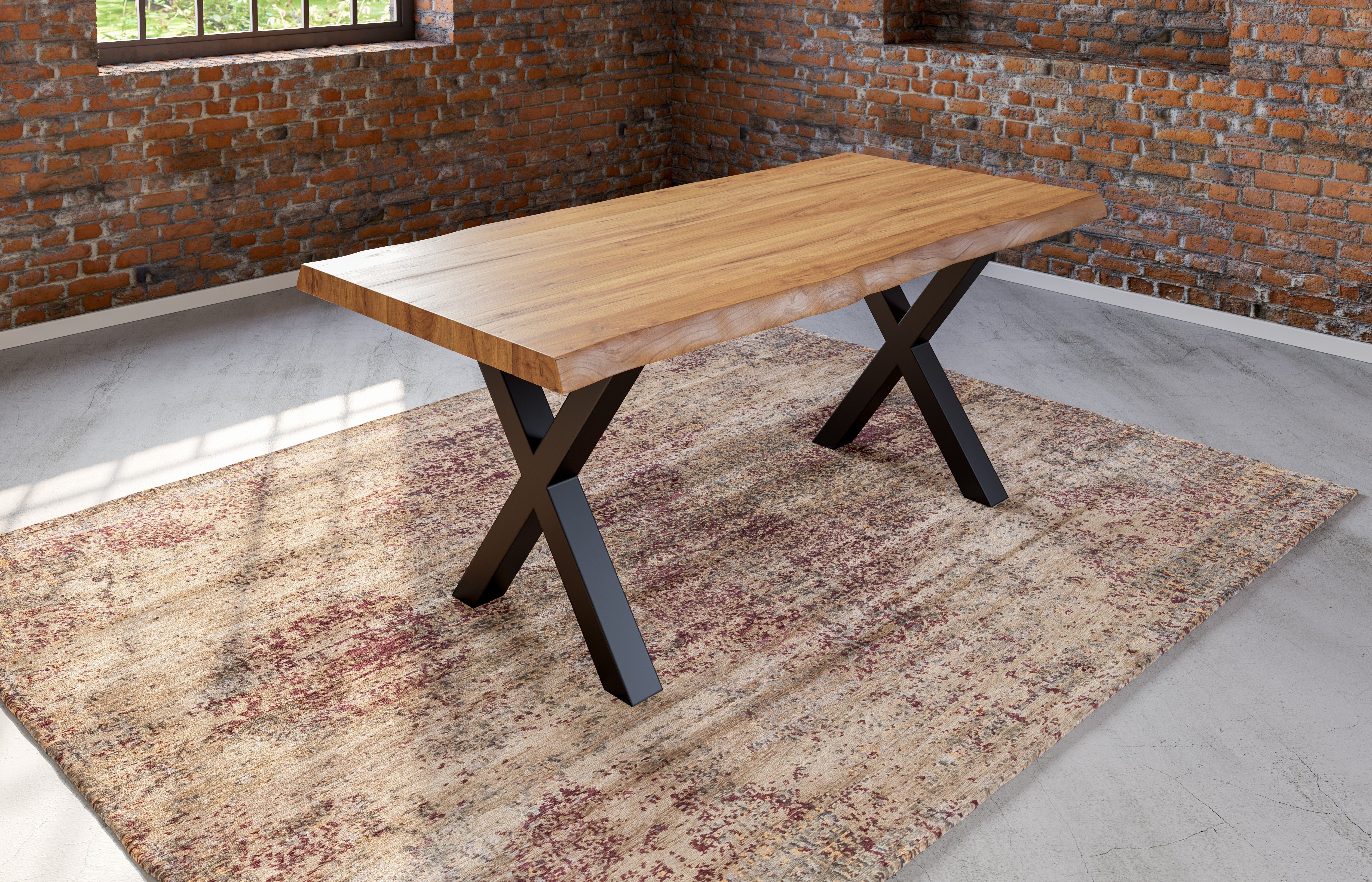 SAM® Baumkantentisch Larne, massives Akazienholz mit Baumkante und X-Gestell aus Metall