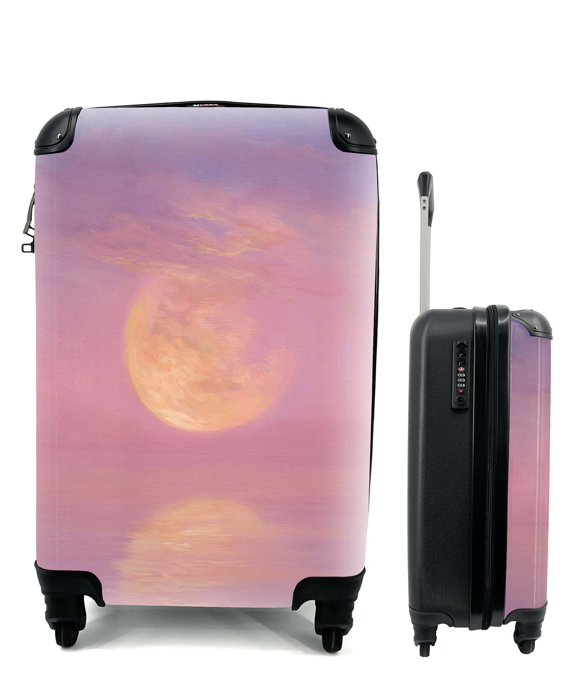 MuchoWow Handgepäckkoffer Eine Illustration eines rosa Himmels mit der Sonne, 4 Rollen, Reisetasche mit rollen, Handgepäck für Ferien, Trolley, Reisekoffer