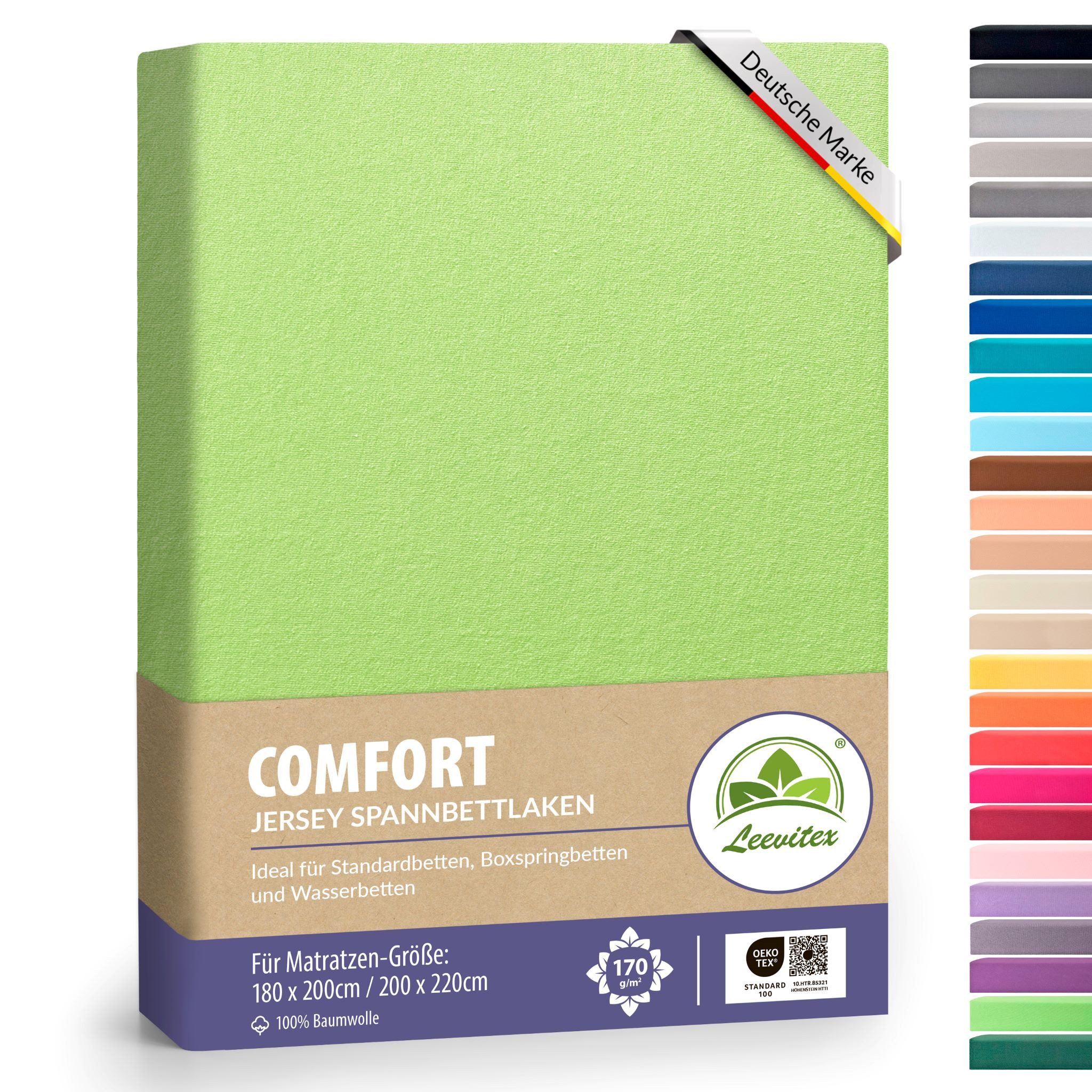 leevitex® Spannbettlaken 180x200 cm - 200x220 cm, Stoffgewicht 170 g/m², 40 cm Steghöhe, Jersey, Gummizug: rundum, (1 Stück), verschiedene Farben, OEKO-TEX® STANDARD 100 zertifiziert