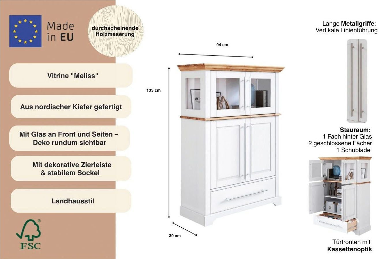 OTTO home Highboard Melissa Vitrine Breite/Höhe/Tiefe 94/39/133 cm, Breite 94 cm, 4-türig, mit Schublade, Kiefer massiv, FSC®