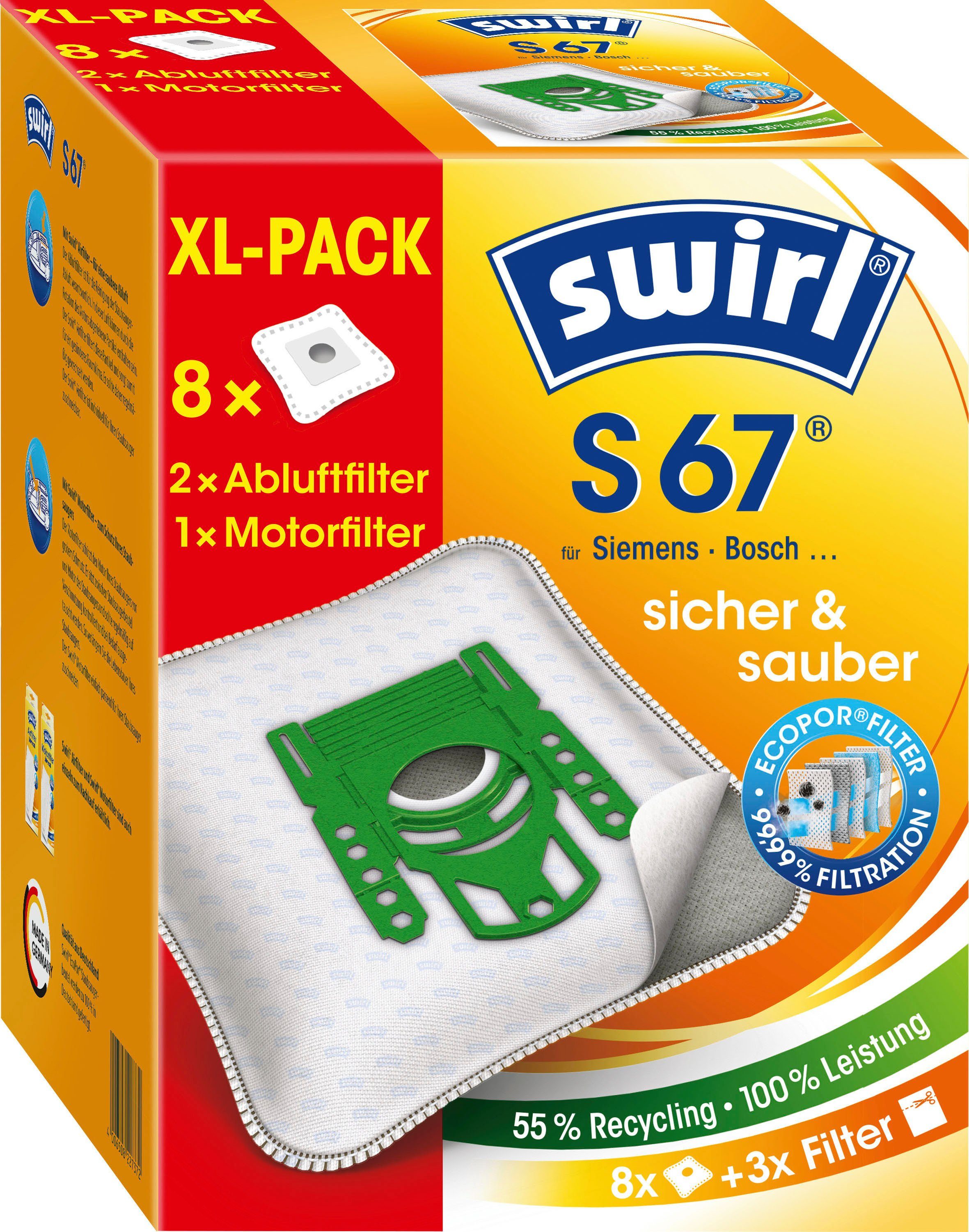 EcoPor® XL zu Bosch, St., Swirl Siemens 99,99% Siemens, & S Filtert Staubsaugerbeutel 11 Feinstaubs Bosch, und des passend bis 67 Vorteilspack, allergenen Swirl® für Hausstaubs für