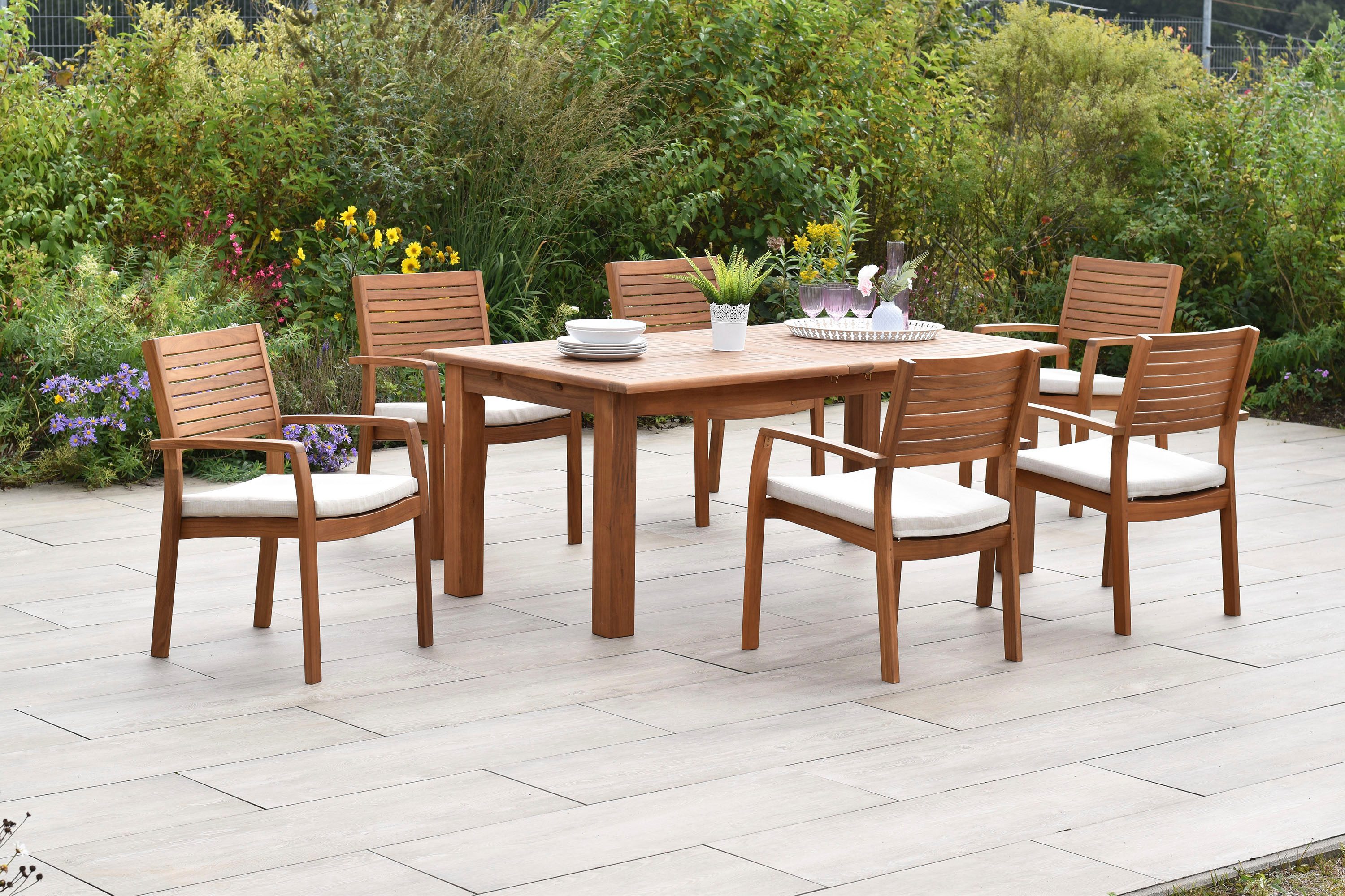 MERXX Garten-Essgruppe »Batavia«, (Set, 13-tlg., Tisch doppelt ausziehbar: 100x 180/220/260x 75 cm), moderne Landhausoptik in warmen Holznuancen