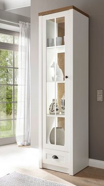 Furn.Design Stauraumvitrine Seyne (Vitrinenschrank in Pinie weiß und Eiche, 50 x 198 cm) Moderner Landhausstil, Türanschlag wechselbar