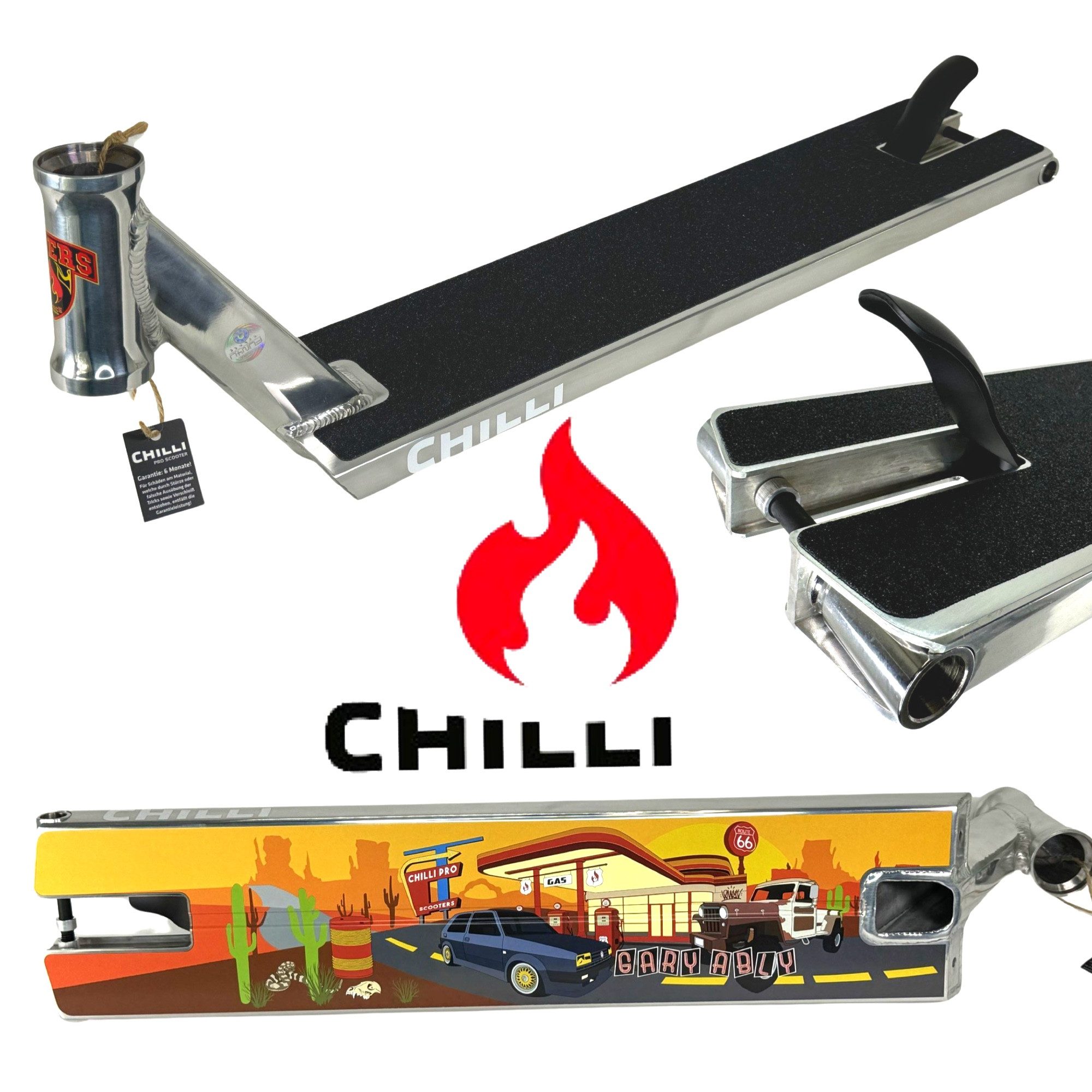 Chilli Pro Scooter Stuntscooter Chilli Pro Gary Ably Stunt Scooter Hybrid Deck 56cm Silber