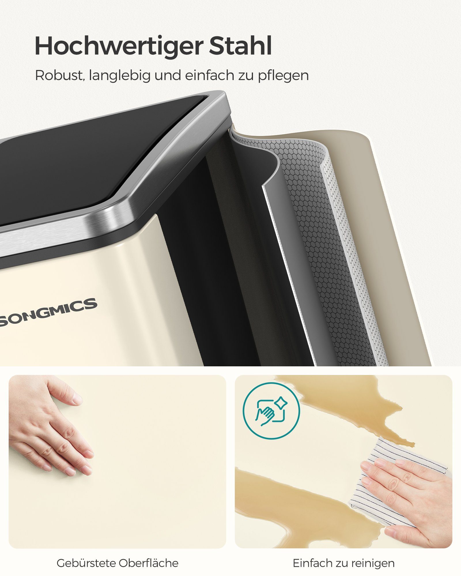 SONGMICS Mülleimer Mülltrennsystem 2x15L 2x30L, Abfalleimer, 30L 60L, ergonomisch, Stahl, Metall-Fußreling