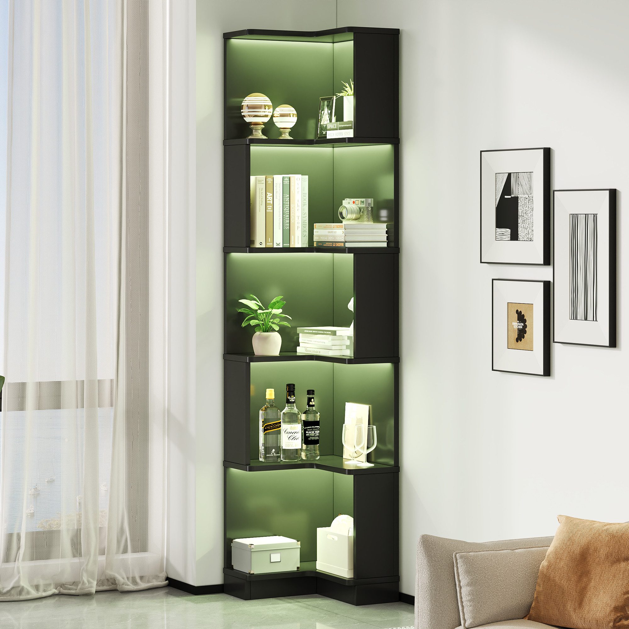 Merax Bücherregal mit LED-Farbwechsel, 1-tlg., Eckbücherregal Eckregal L-förmiges Regal mit 5 Ebenen, 63,5x45x175 cm
