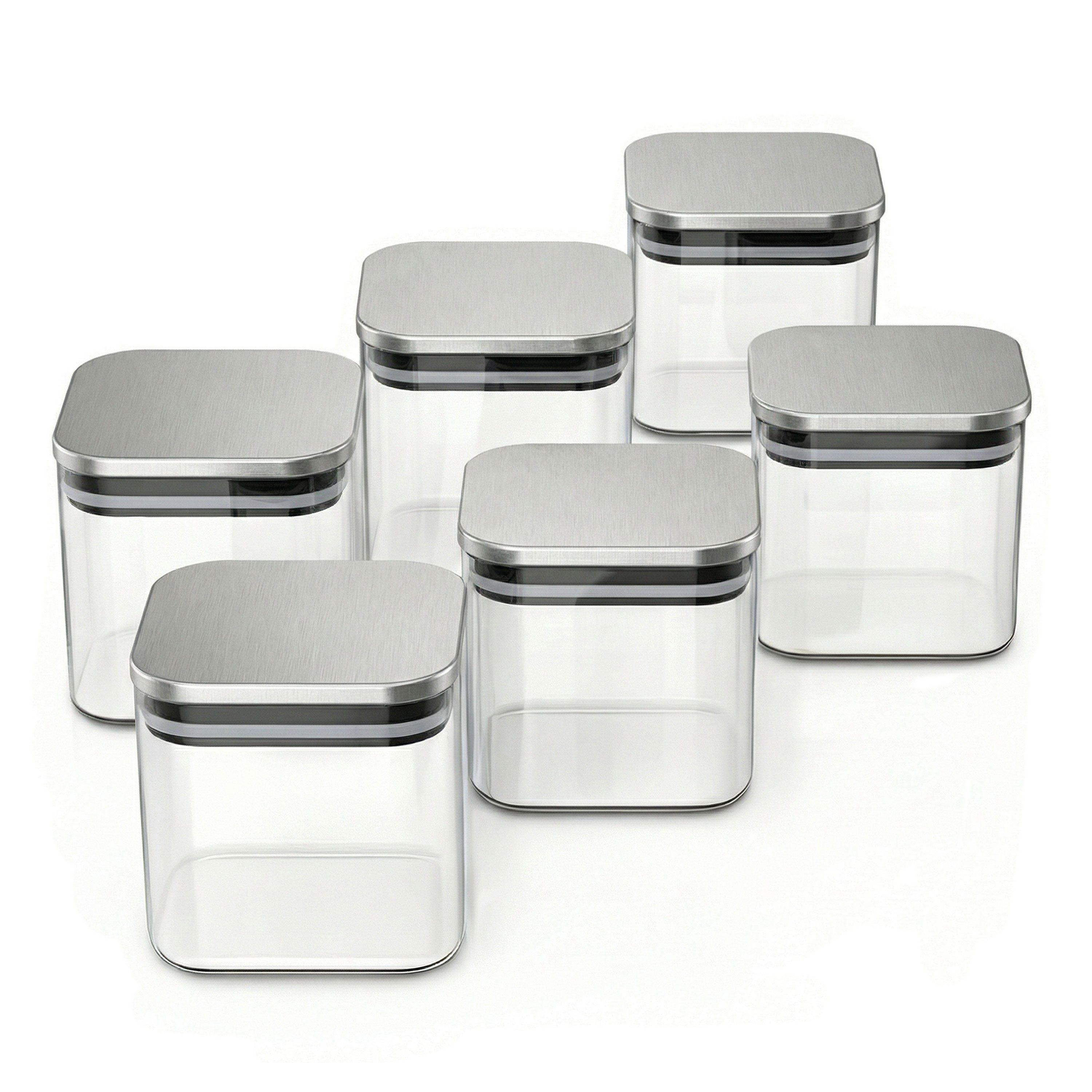 Arendo Aufbewahrungsbecher Glasbehälter-Set 6x 0,8 L Borosilikatglas mit Edelstahldeckel, Borosilikatglas, Edelstahl, Silikon, (Vorratsbehälter-Set, 6-tlg., 6er Set), Hitzebeständig, umweltfreundlich, langlebig, mikrowellengeeignet