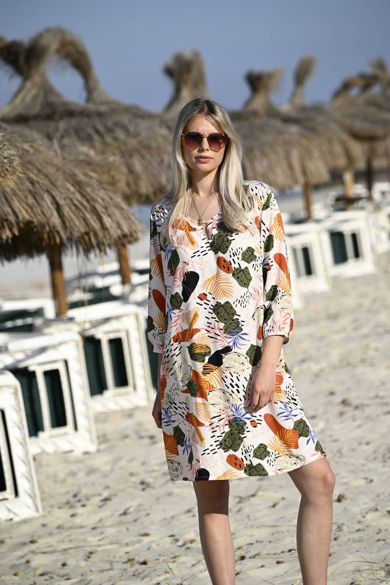 Ringella Tunikakleid im Blätterdessin mit Cut-Out und 3/4 Arm aus gewebter Viskose