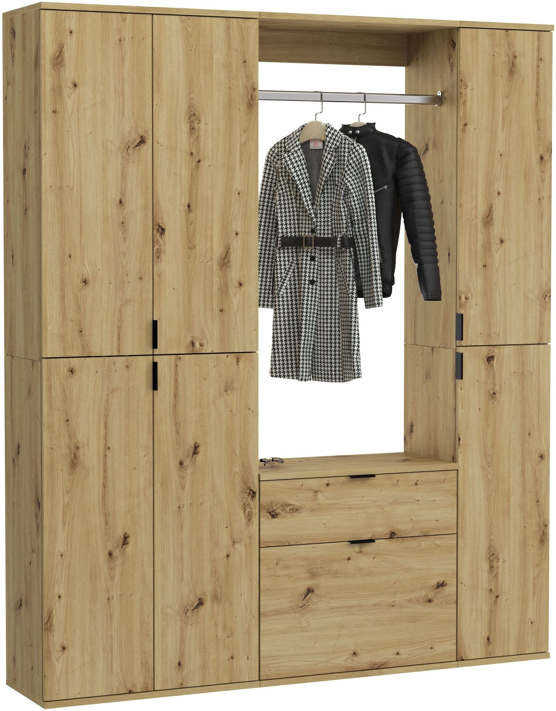 Home affaire Garderoben-Set TRONDHEIM, 5-teilig, Breite 152cm, individuell platzier- & erweiterbar, (Set, 4-St., bestehend aus: 2x Garderobenschrank & 3-tlgs. Zwischenbauelement), Garderobenschrank, Kleiderschrank, Schrankkombination, Garderobe