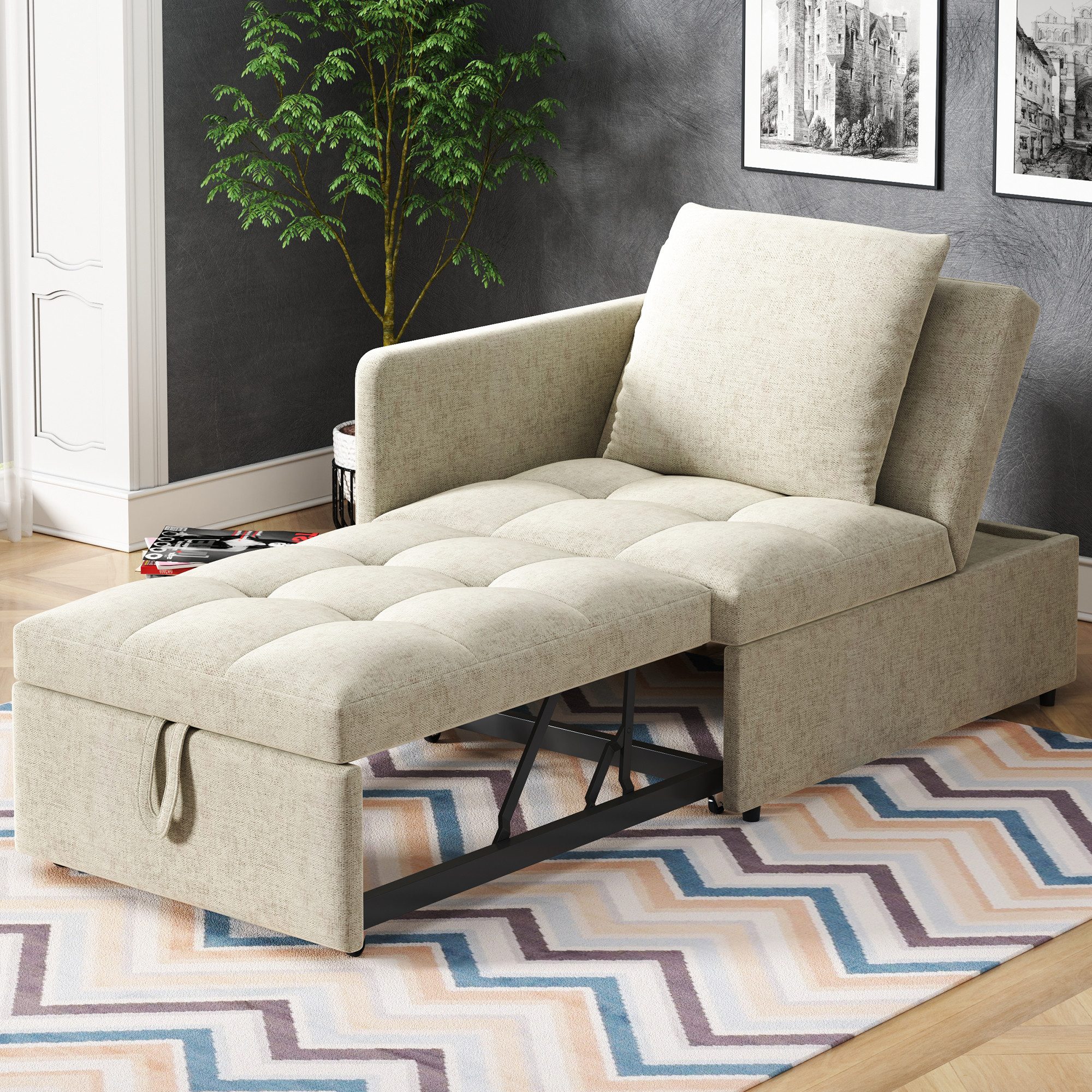 KLAM HOME Schlafsofa Polsterbett Schlafsofa 3 in 1 Multifunktions-Schlafsofa, Leinenstoffsofa mit verstellbarer Rückenlehne, für kleine Räume – Bild 3 von 5