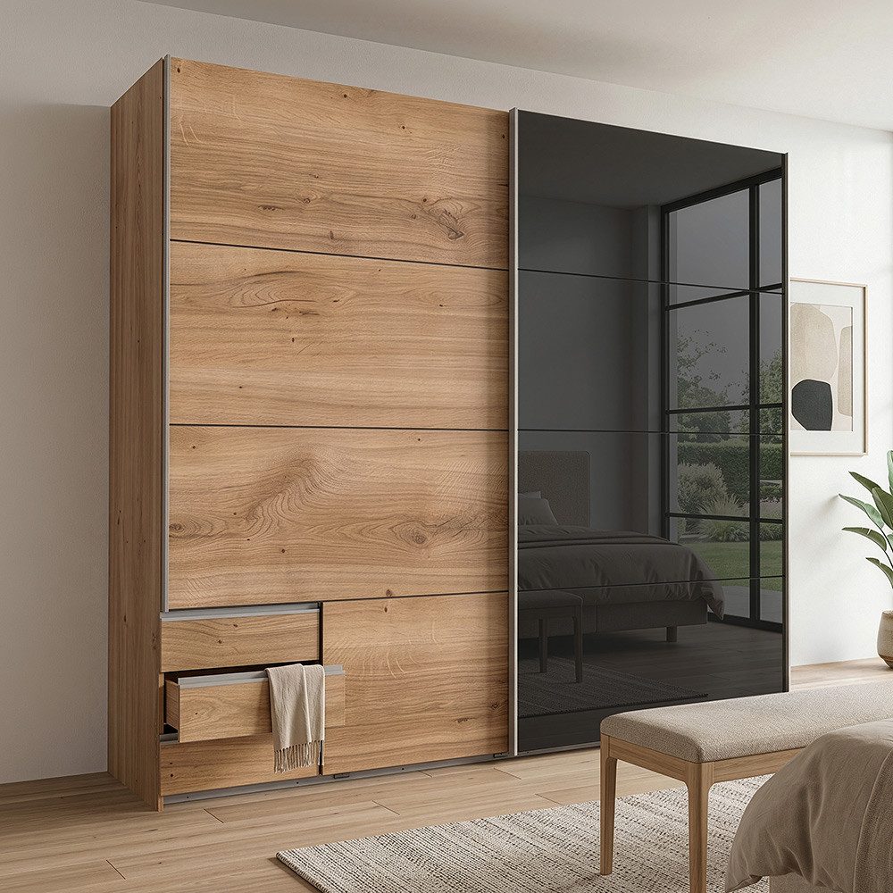 Lomadox Schwebetürenschrank VIESTE-43 Kleiderschrank, 225cm breit, mit Schubladen, graphit mit Eiche