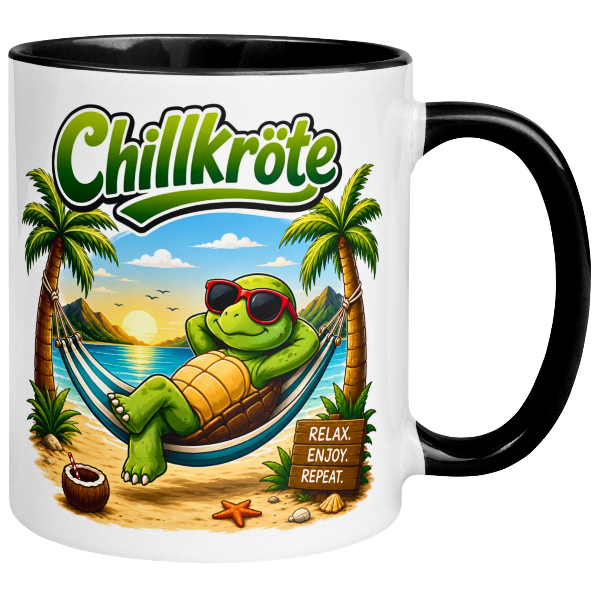 Momentals Tasse Schildkröte – „Chillkröte am Strand“ – lustiges Schildkröten Geschenk, Gratis Versand · Links-&Rechtshänder · Spülmaschinenfest