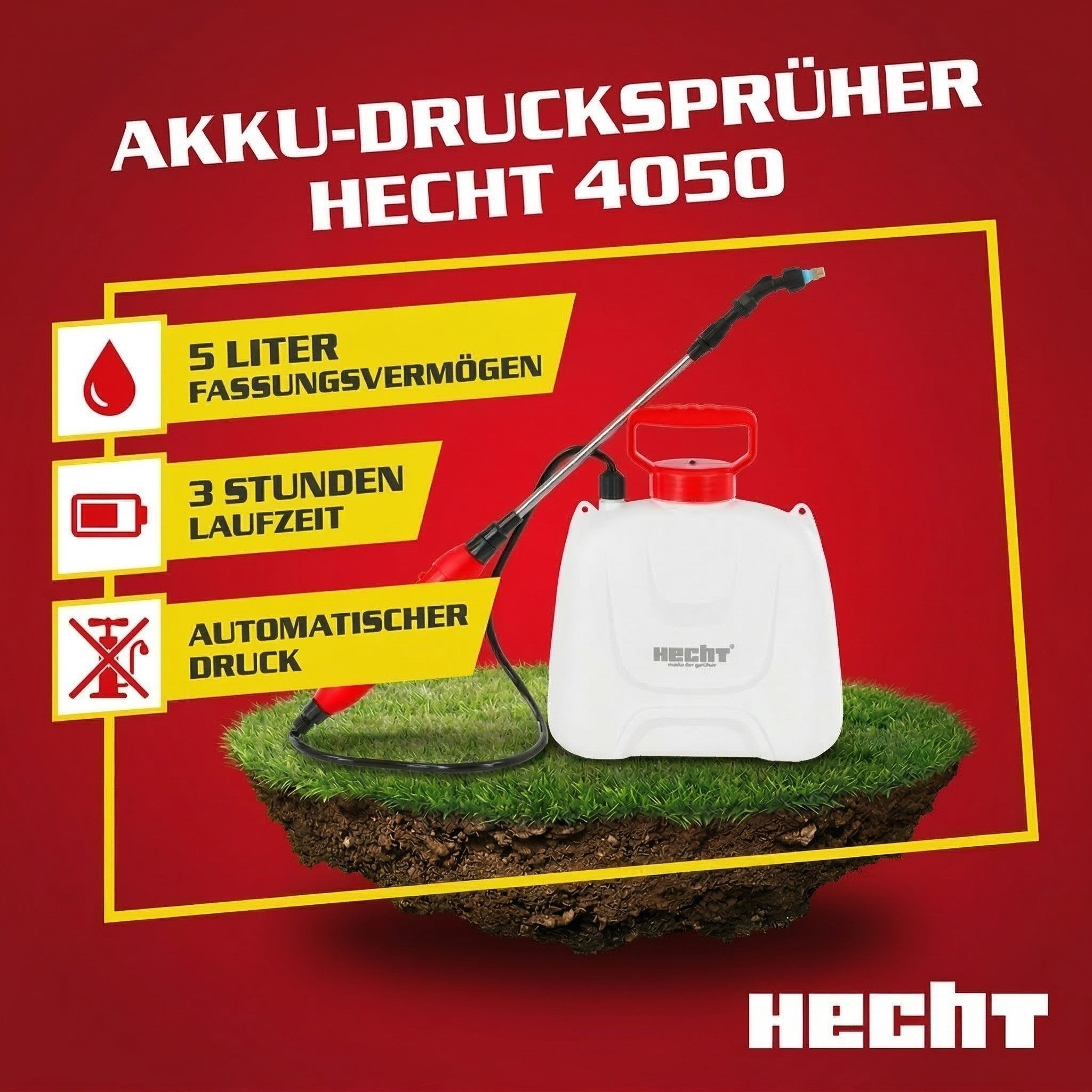 Hecht Akku-Drucksprühgerät Gartenspritze Akkuspritze 4050, 5 Liter, ausziehbare Teleskoplanze, 3h Laufzeit, Tragegurt & USB-Kabel, 2000 mAh 3,7V 2,5bar