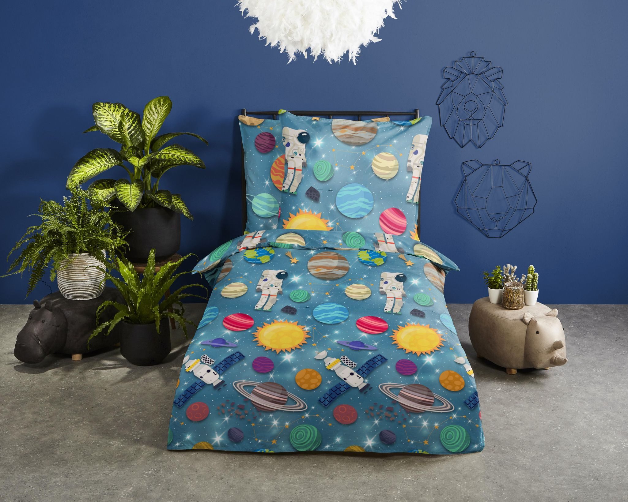 JACK Kinderbettwäsche 135x200cm, Astronaut Spaceworld Blau, Flanell, 2 teil günstig online kaufen