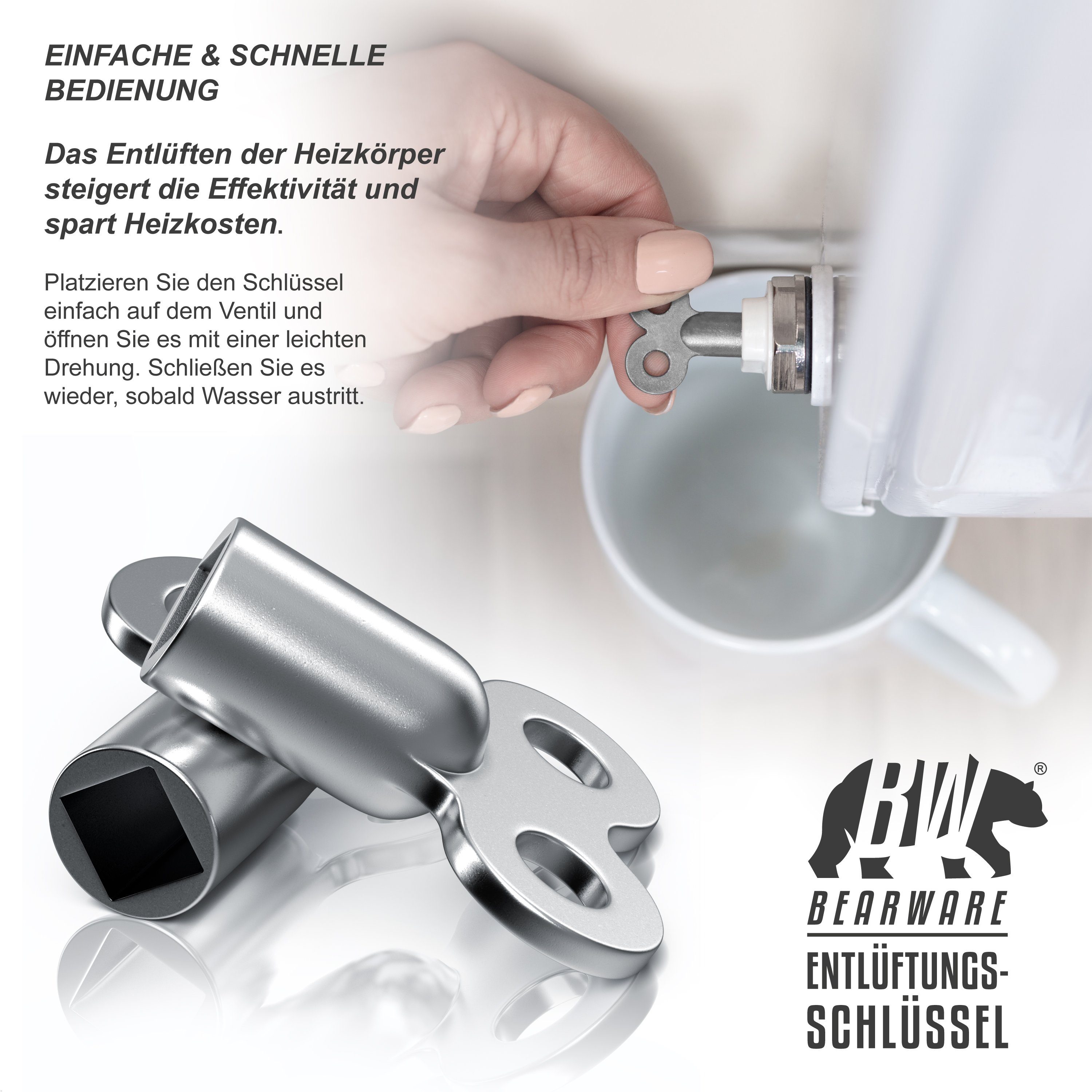 BEARWARE Steckschlüssel Heizungsentlüftungsschlüssel, Heizkörper Entlüftungsschlüssel 2er Set (1 St), verzinkt, Vierkantaufnahme, Universal-Schlüssel für Heizun – Bild 4 von 5