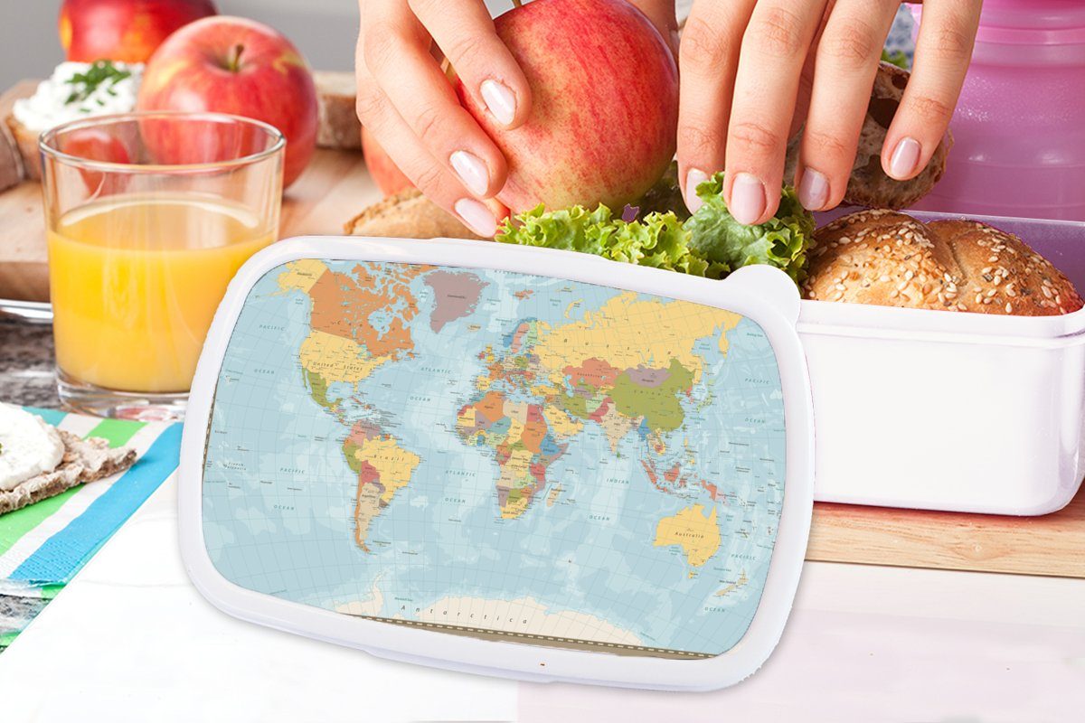 MuchoWow Lunchbox Weltkarte - Farben Brotdose, Mädchen Jungs für für (2-tlg), und Erwachsene, weiß Brotbox Atlas, Kunststoff, - und Kinder