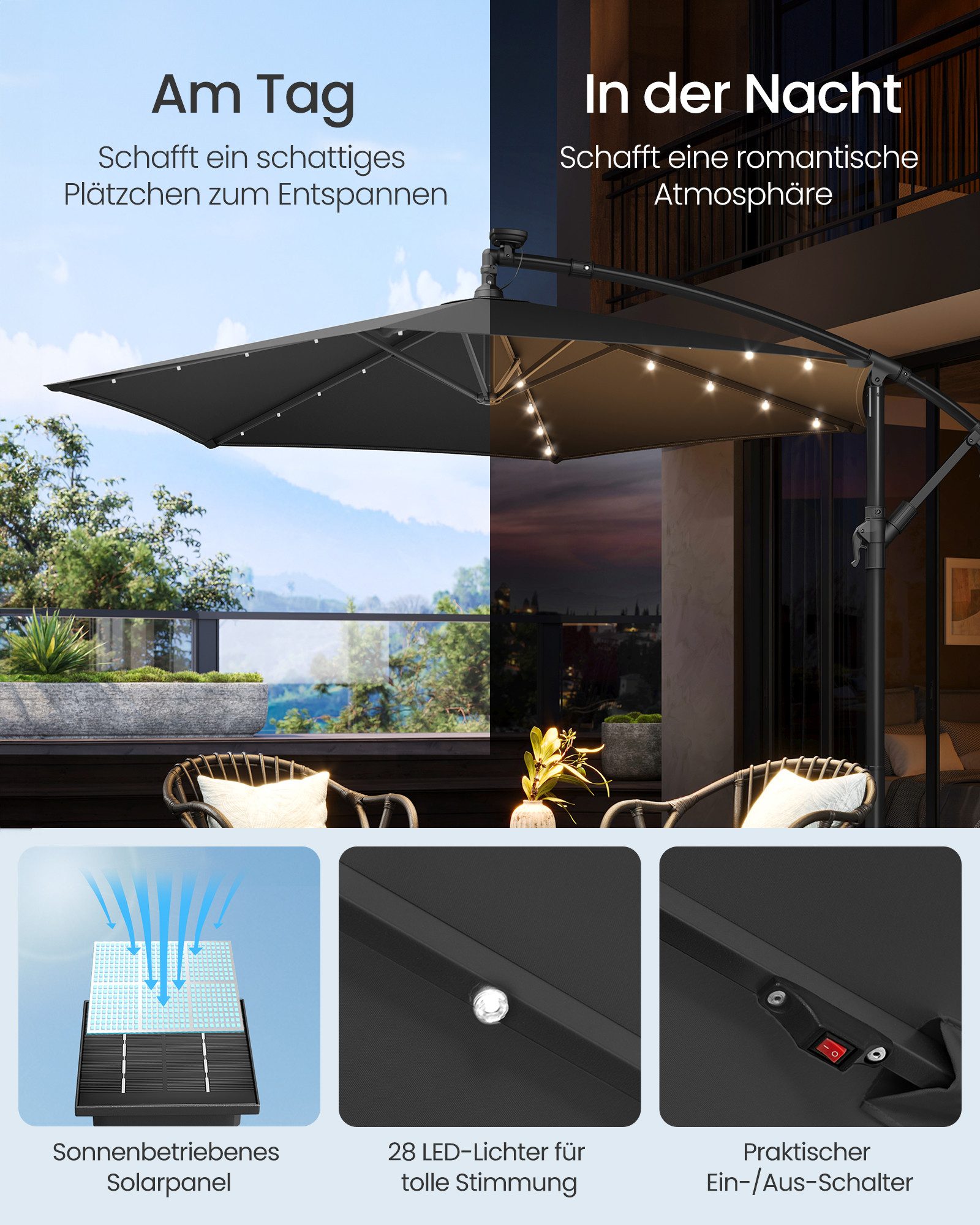 SONGMICS Sonnenschirm, Ø 300 cm,LED-Solar-Beleuchtung,UPF 50+,mit Ständer