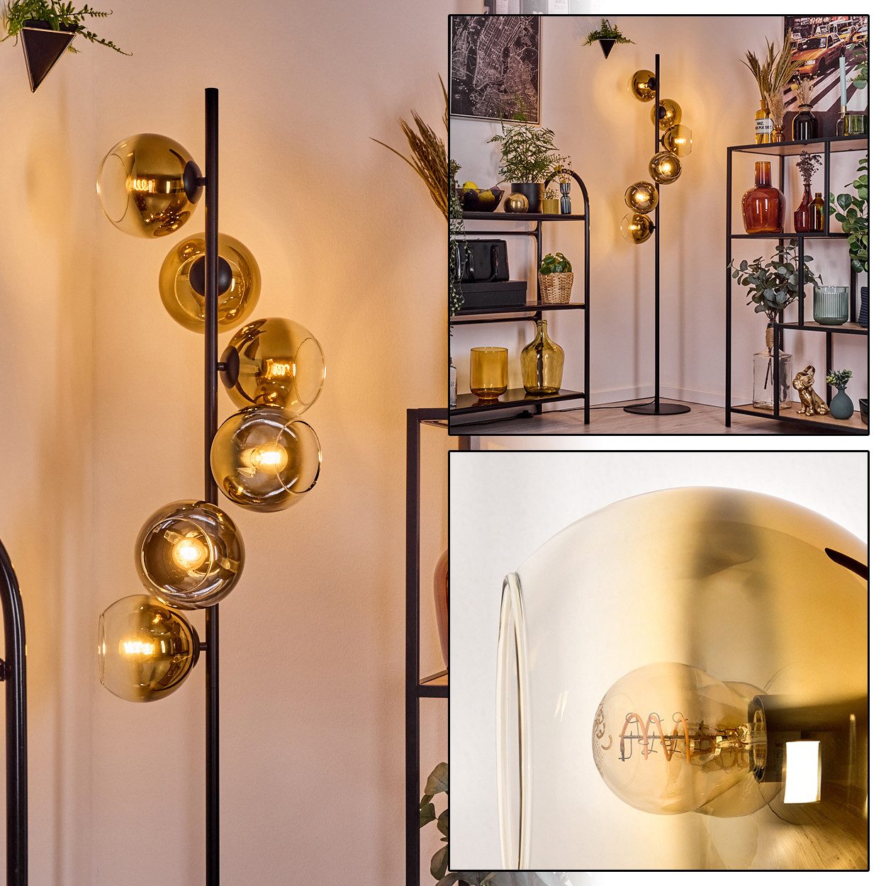 hofstein Stehlampe Stehlampe aus Metall/Glas in Schwarz/Goldfarben/Klar, ohne Leuchtmittel, Stehleuchte Retro/Vintage, Ø Schirme 15 cm, Fußschalter, 160 cm, E14