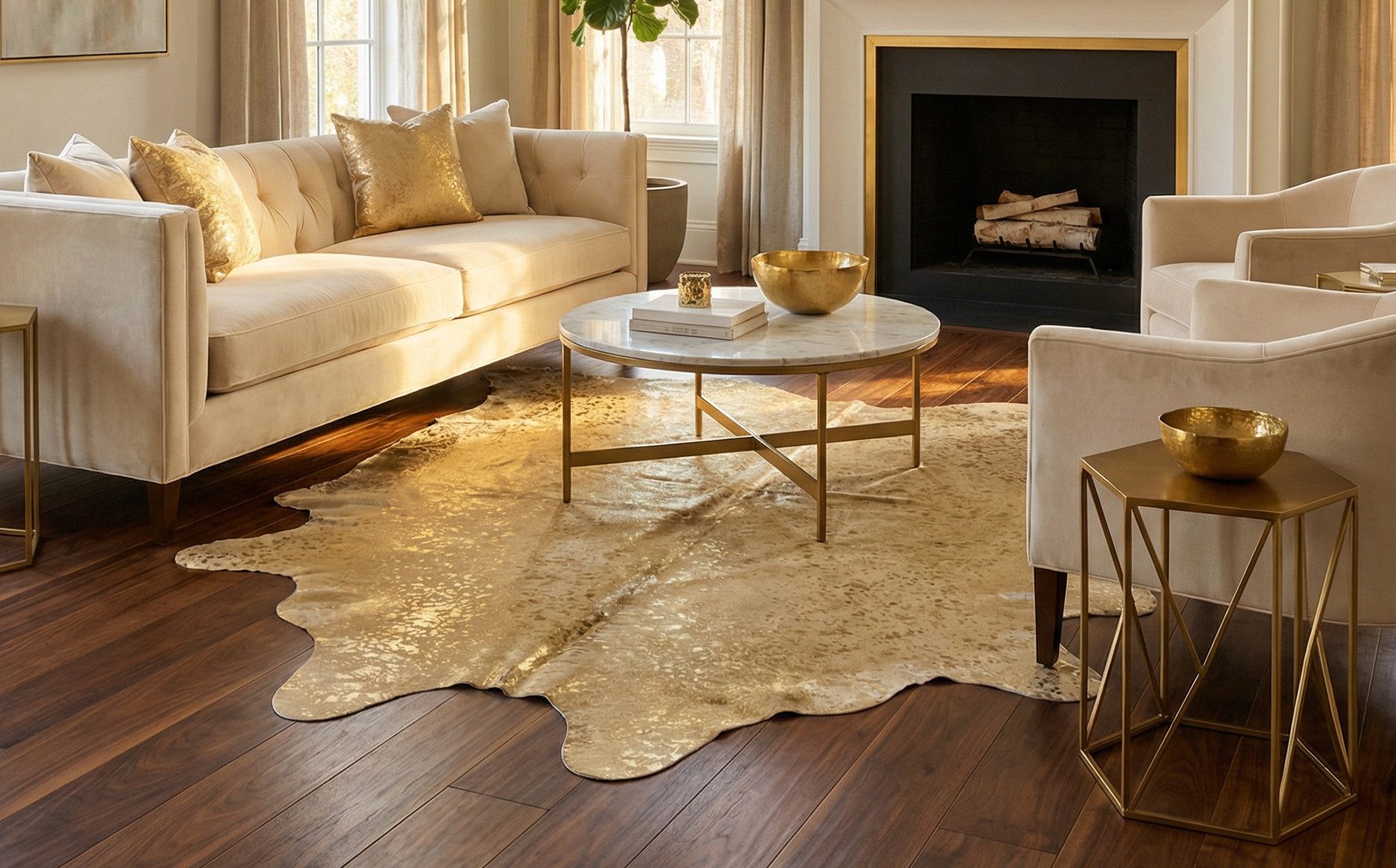 KUHFELL online & NOMAD Fellteppich PREMIUM KUHFELL DEVORE GOLD 210 x 180 cm