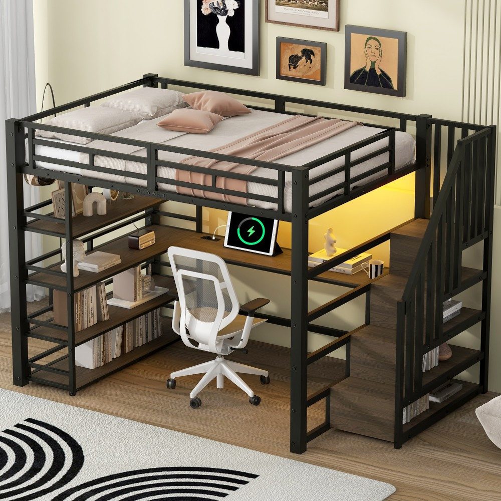 Hochbett Metall-Hochbett 140x200 mit Treppe, Schreibtisch, USB & LED