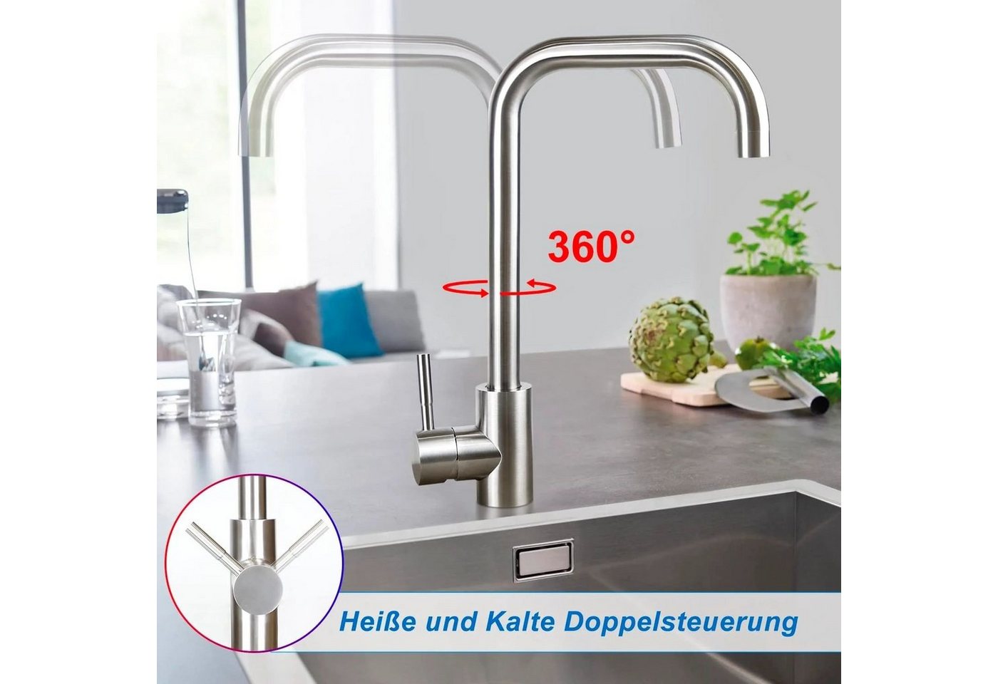 Thumbnail - Nettlife Küchenarmatur Hochdruck Armatur küche Edelstahl 360°Schwenkbar Spültischarmatur (mischbatterie)