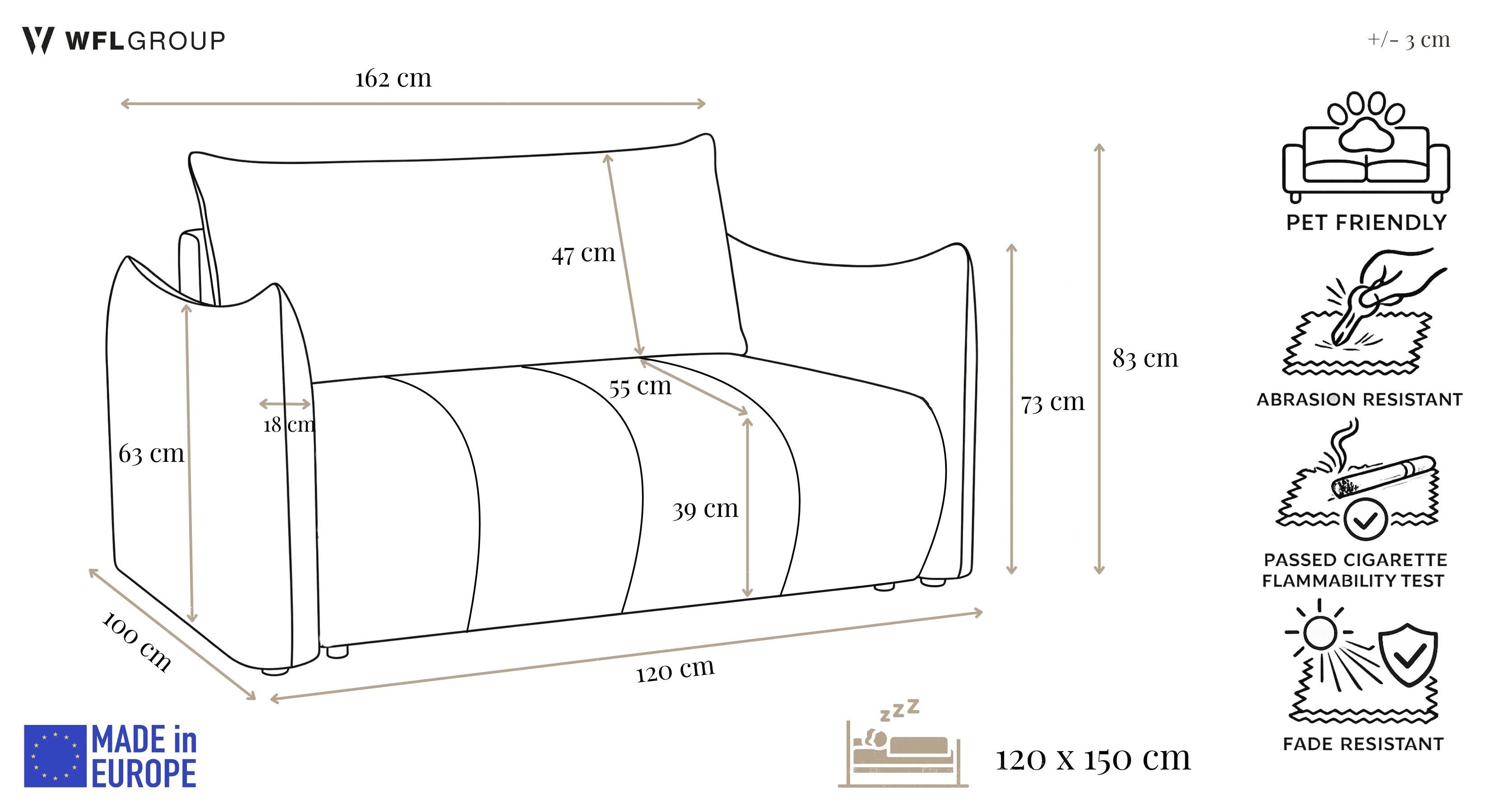 WFL GROUP Kindersofa Lilo Jugendsofa mit Schlaffunktion & Bettkasten, Schlaffläche 120 × 150 cm, 2-Sitzer, kleine Couch aus weichem Cordstoff fürs Jugendzimmer