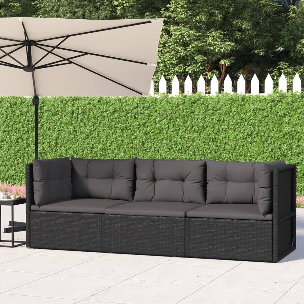 vidaXL Gartenlounge-Set 3-tlg. Garten-Lounge-Set mit Kissen Schwarz Poly Rattan, (1-tlg)