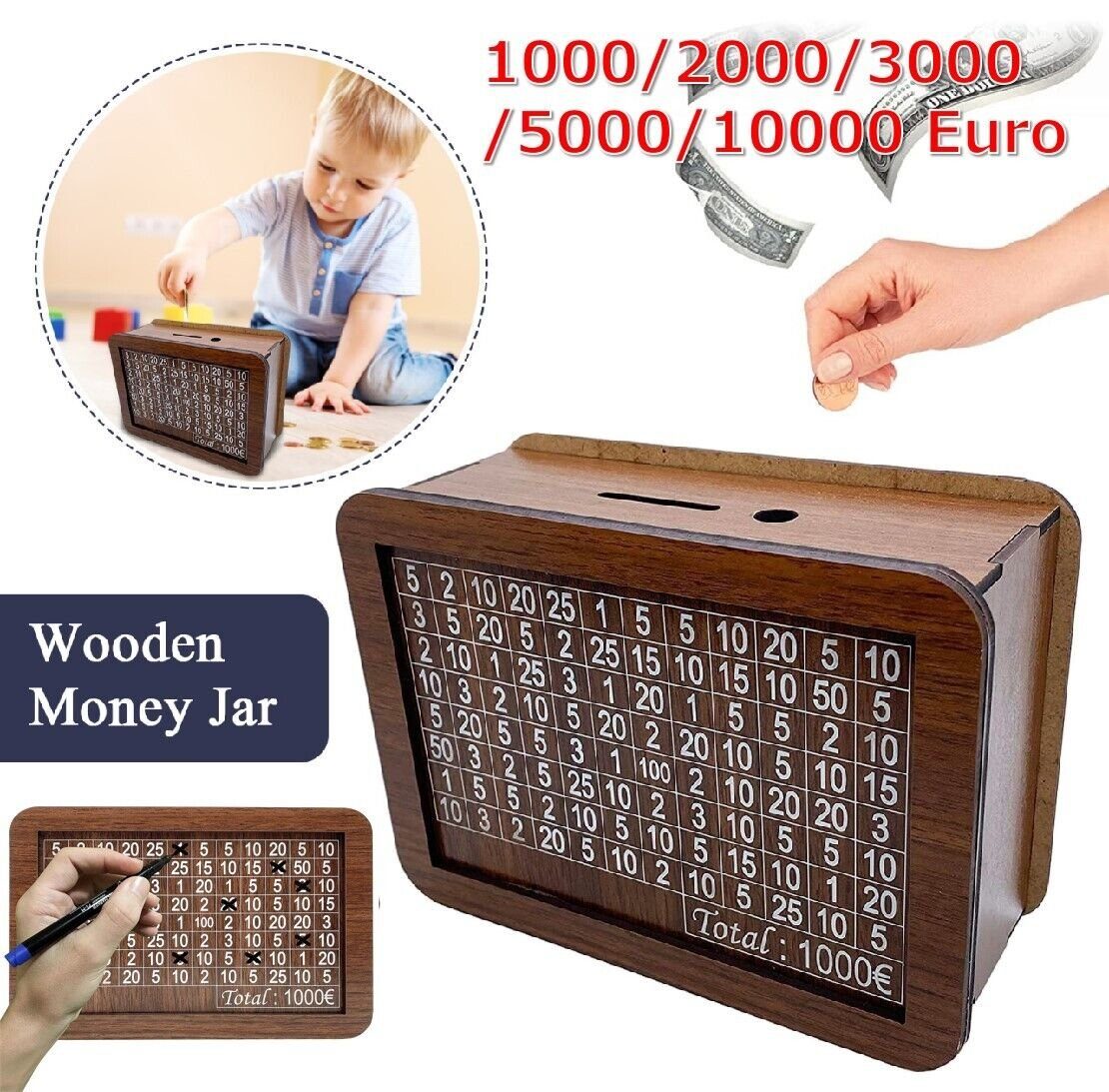 BlingBin Spardose Holz Sparschwein Spardose Sparbüchse Moneybox Sparbox 500-10000€, (1 x Spardose mit Zähler und 1 x Wasserlöslicher Stift, 1-tlg., Holz), 500€, 1000€, 2000€, 3000€, 5000€, 10000€