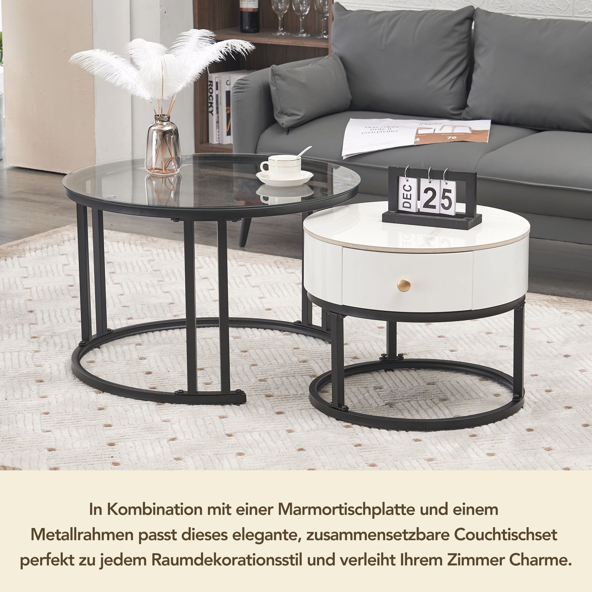 mit Set Satztisch Beistelltisch mit (2-St), OKWISH und 2er Glasplatte Marmor-Tischplatte Metallrahmen Couchtisch