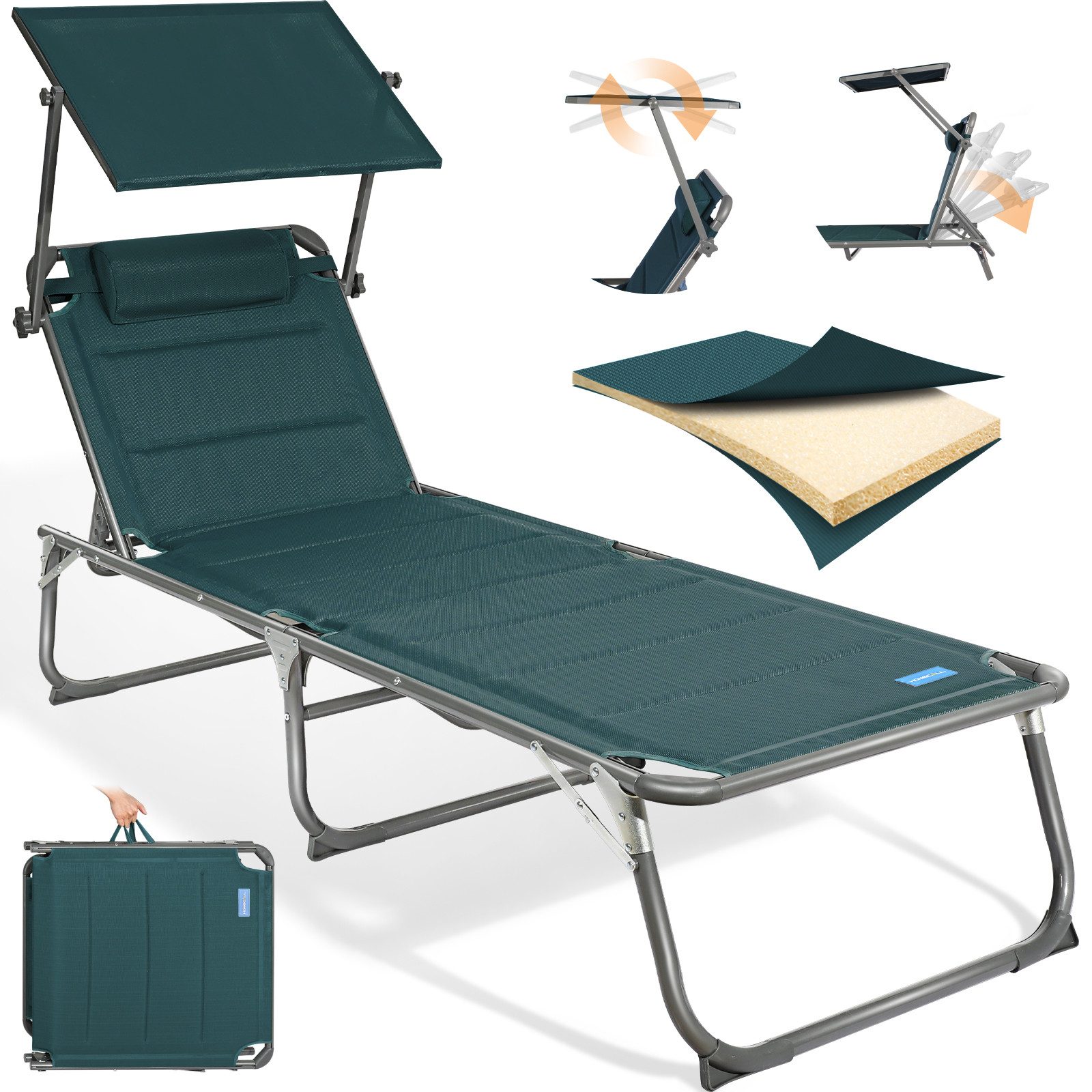HOMECALL Gartenliege Sonnenliege AluLiege Liegestuhl Strandliege Liegen, klappbar, Textilene Mit Dickem Schwamm, Verstellbare Rückenlehne, Sonnenblende, Kopfpolster, bis 180KG