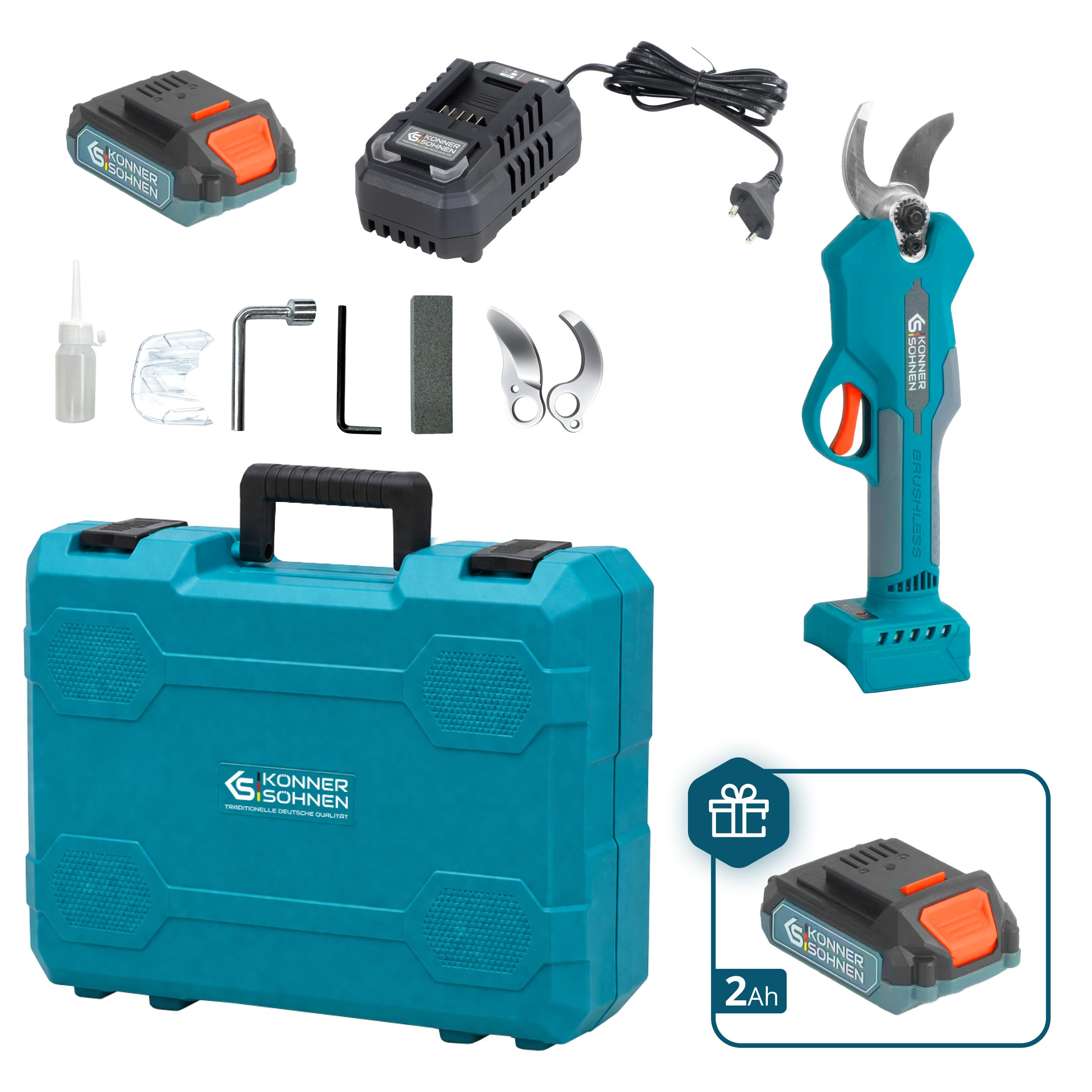 Könner & Söhnen Gartenschere KS CPS20V-32 CASE PLUS, (Akku-Astschere Set mit 2 Akkus, Ladegerät & Ersatzklingen, 1-tlg., Inklusive zusätzlichem 2Ah Akku als Geschenk & Koffer), Bürstenloser Motor, SK-5 Stahlklingen, 3 Öffnungsstufen