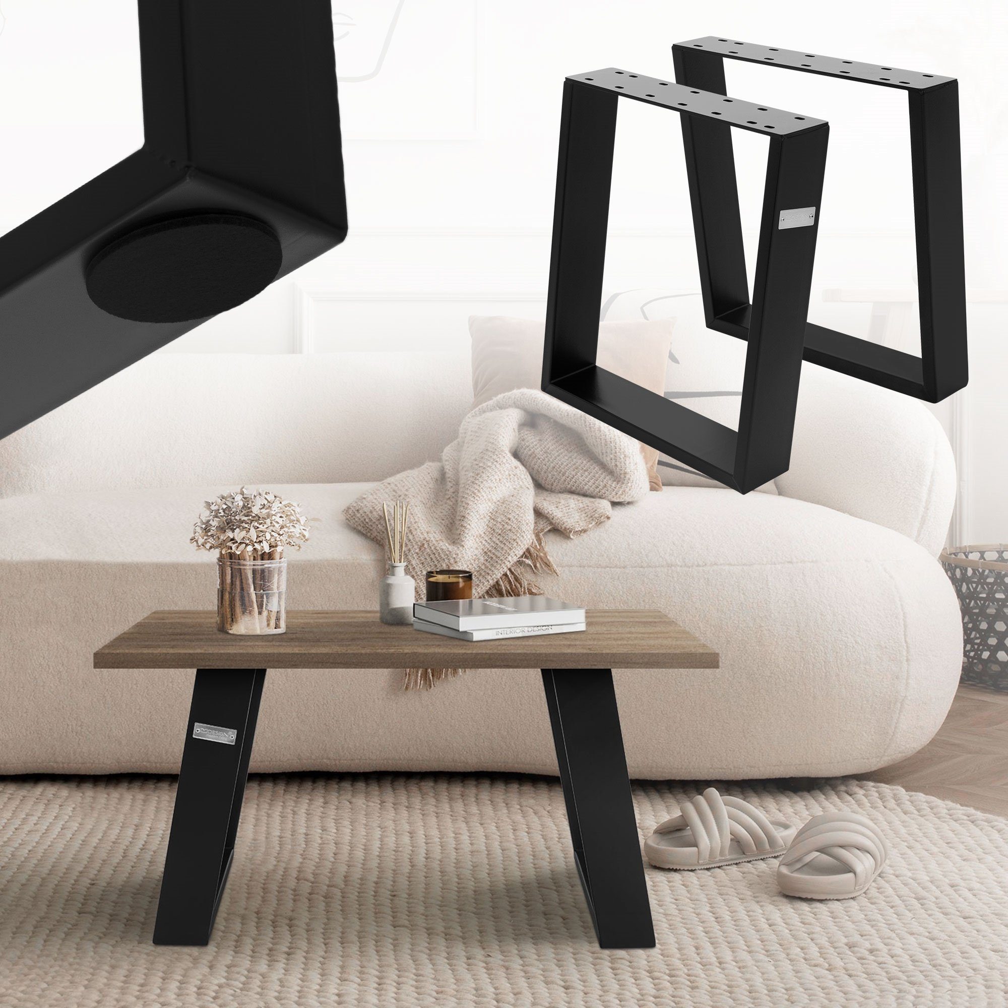 Kaufhauskette ML-DESIGN Tischbein geneigt Stahl 2er Couchtisch, aus Schwarz Möbelkufen Set Möbelfüße 40x43cm für Tischuntergestell Tischgestell 80GRAD Neigung